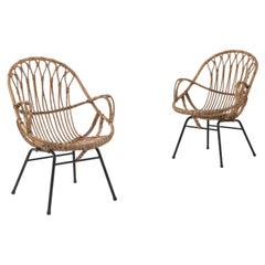 1960s French Rattan and Metal Armchairs, a Pair