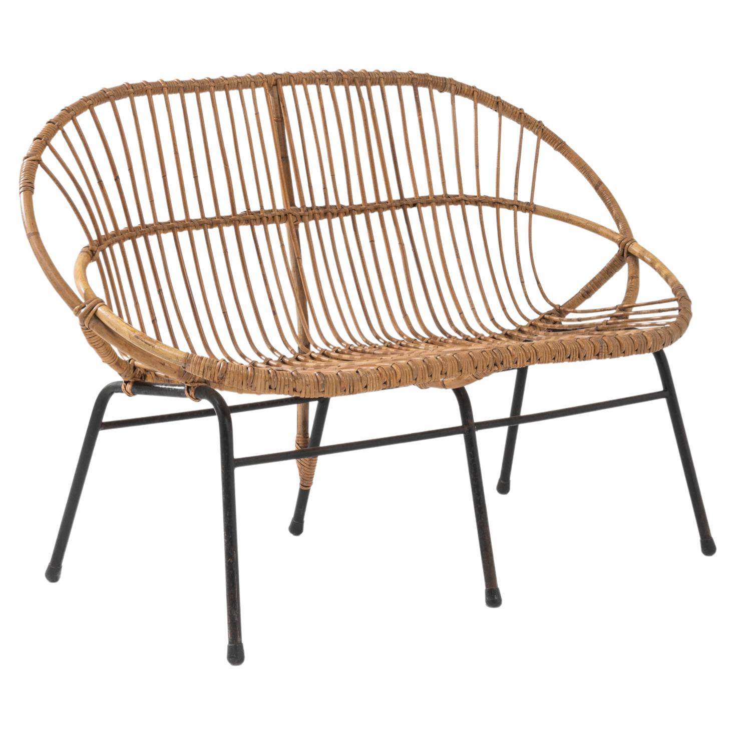 1960s French Rattan and Metal Settee