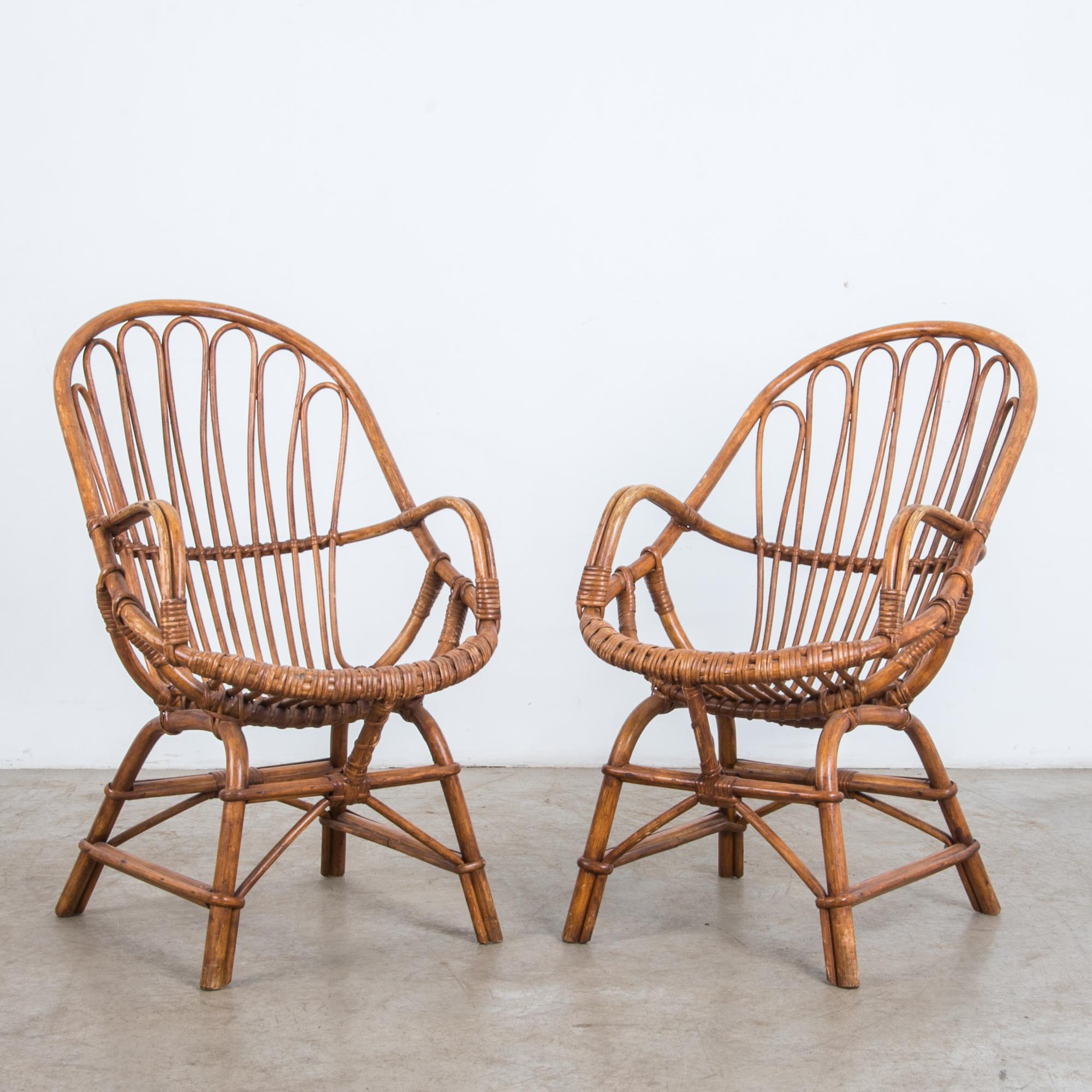 Mid-20th Century 1960s French Rattan Armchairs, a Pair