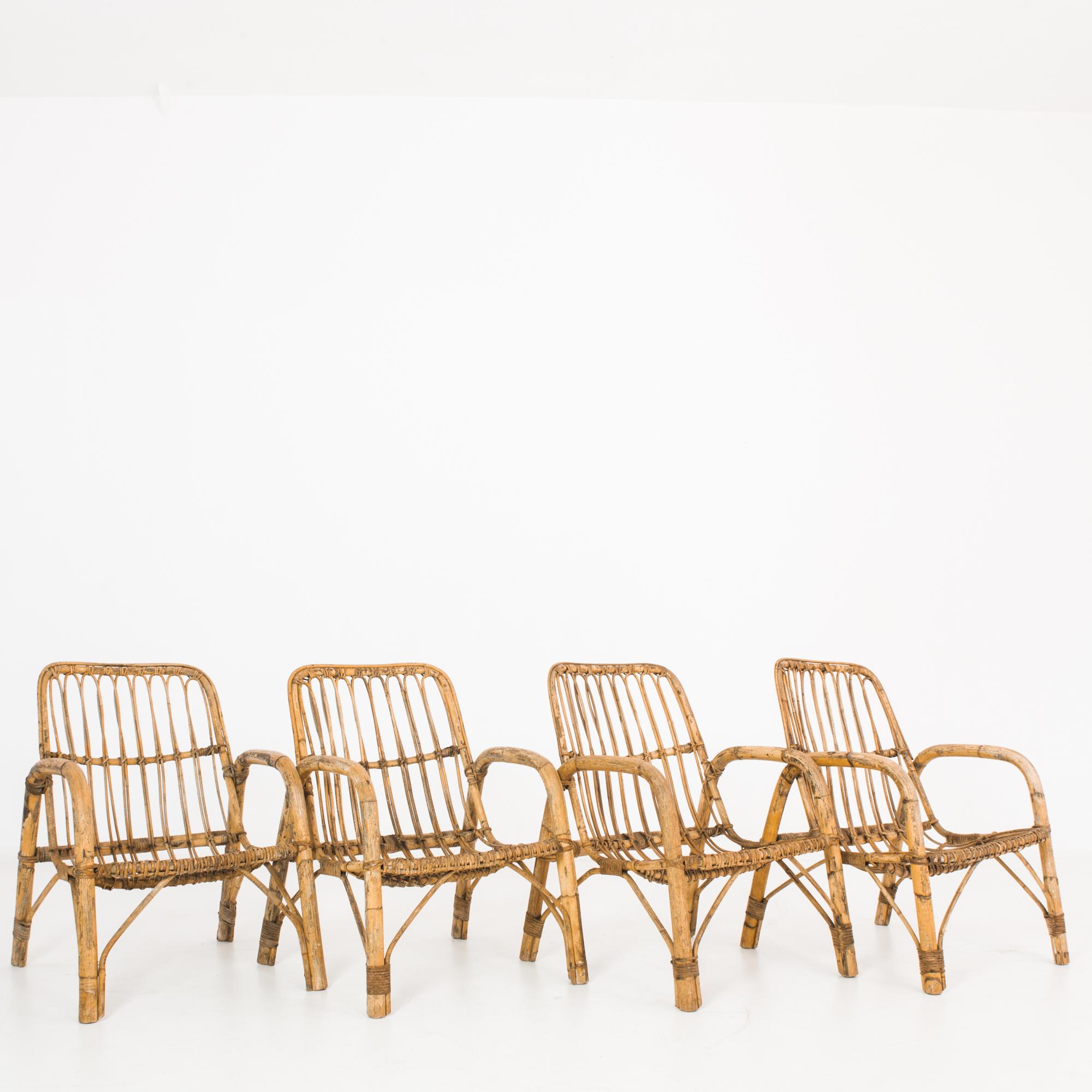 Mid-Century Modern 1960s French Rattan Armchairs, Set of Four