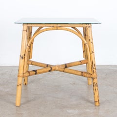 1960s French Rattan and Black Glass Small Square Coffee Table