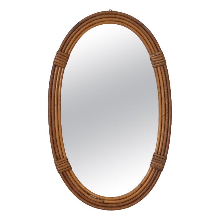 1960s French Rattan Oval Mirror For Sale