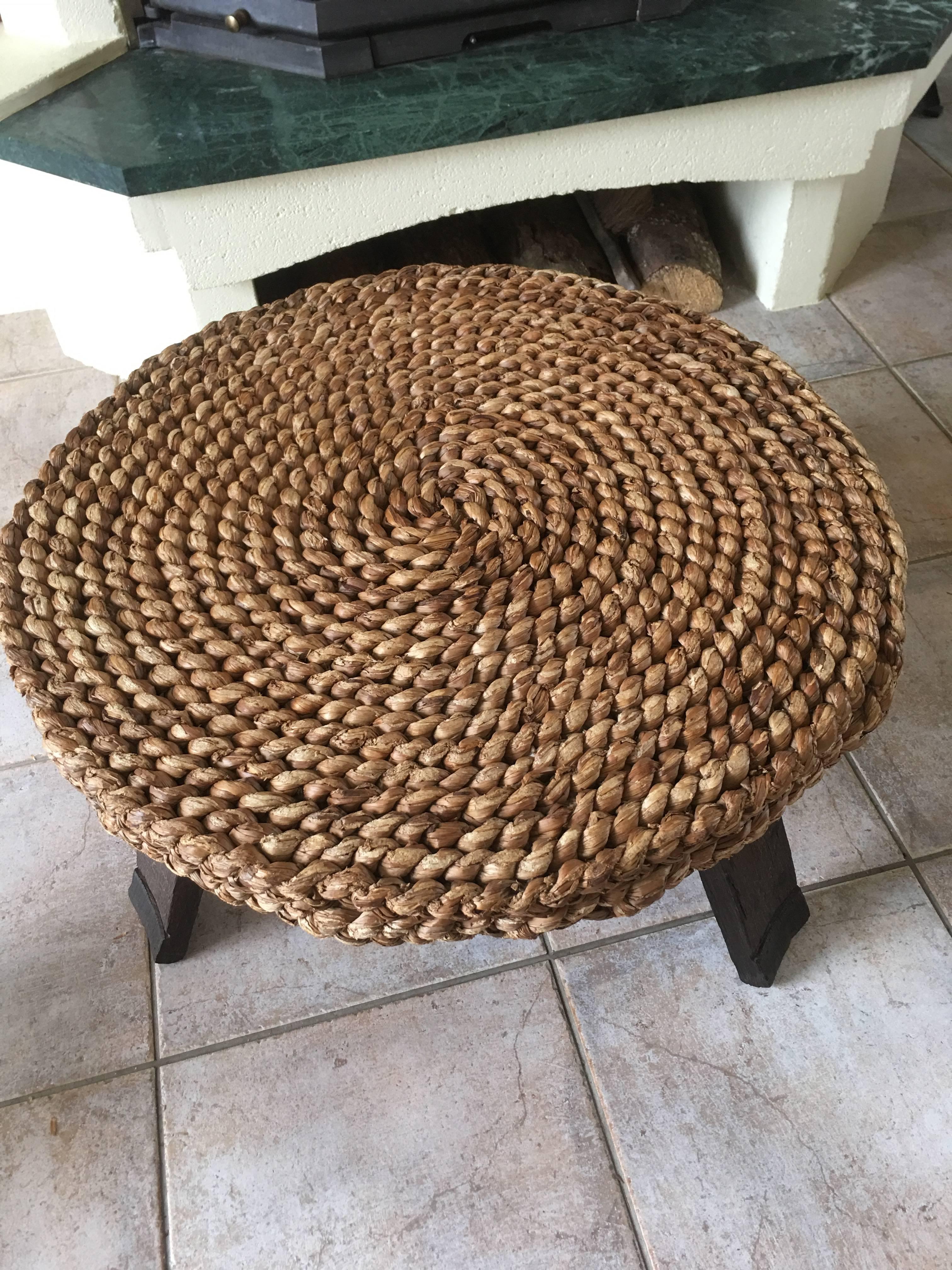 1960s French Rattan Round Low Table Based on Three Brown Oak Feet 1
