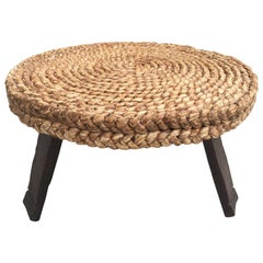 1960s French Rattan Round Low Table Based on Three Brown Oak Feet