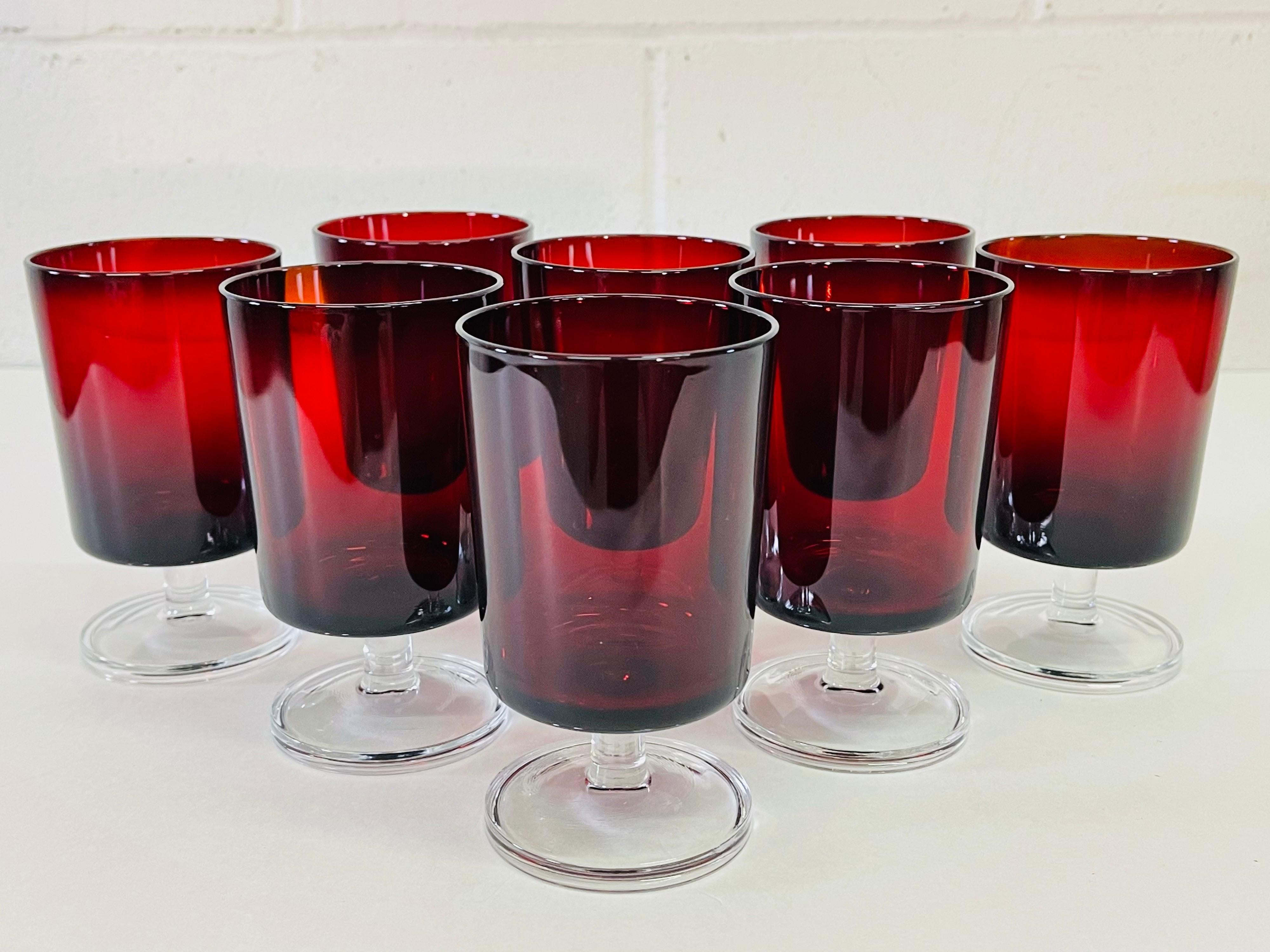 Mid-Century Modern 1960s French Red & Clear Glass Stems, Set of 8