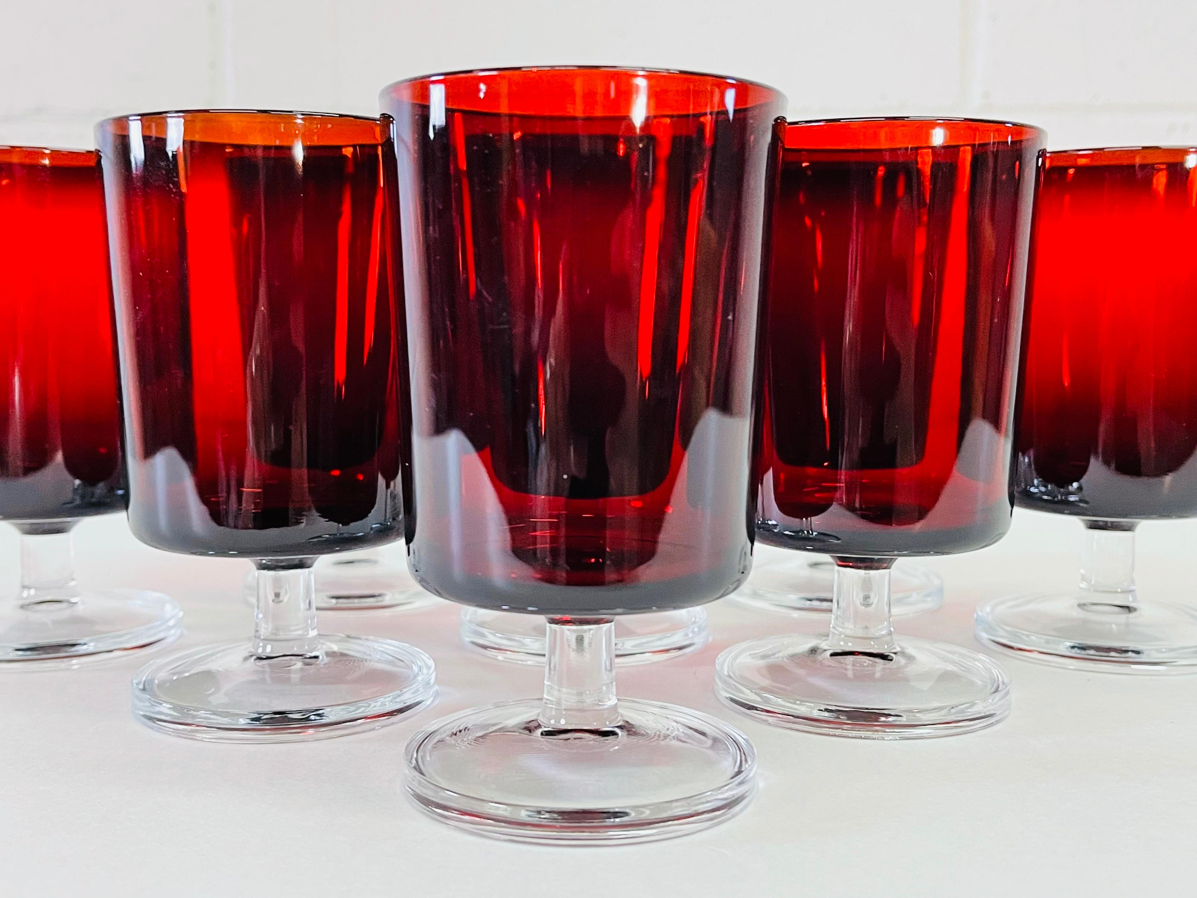 20th Century 1960s French Red & Clear Glass Stems, Set of 8