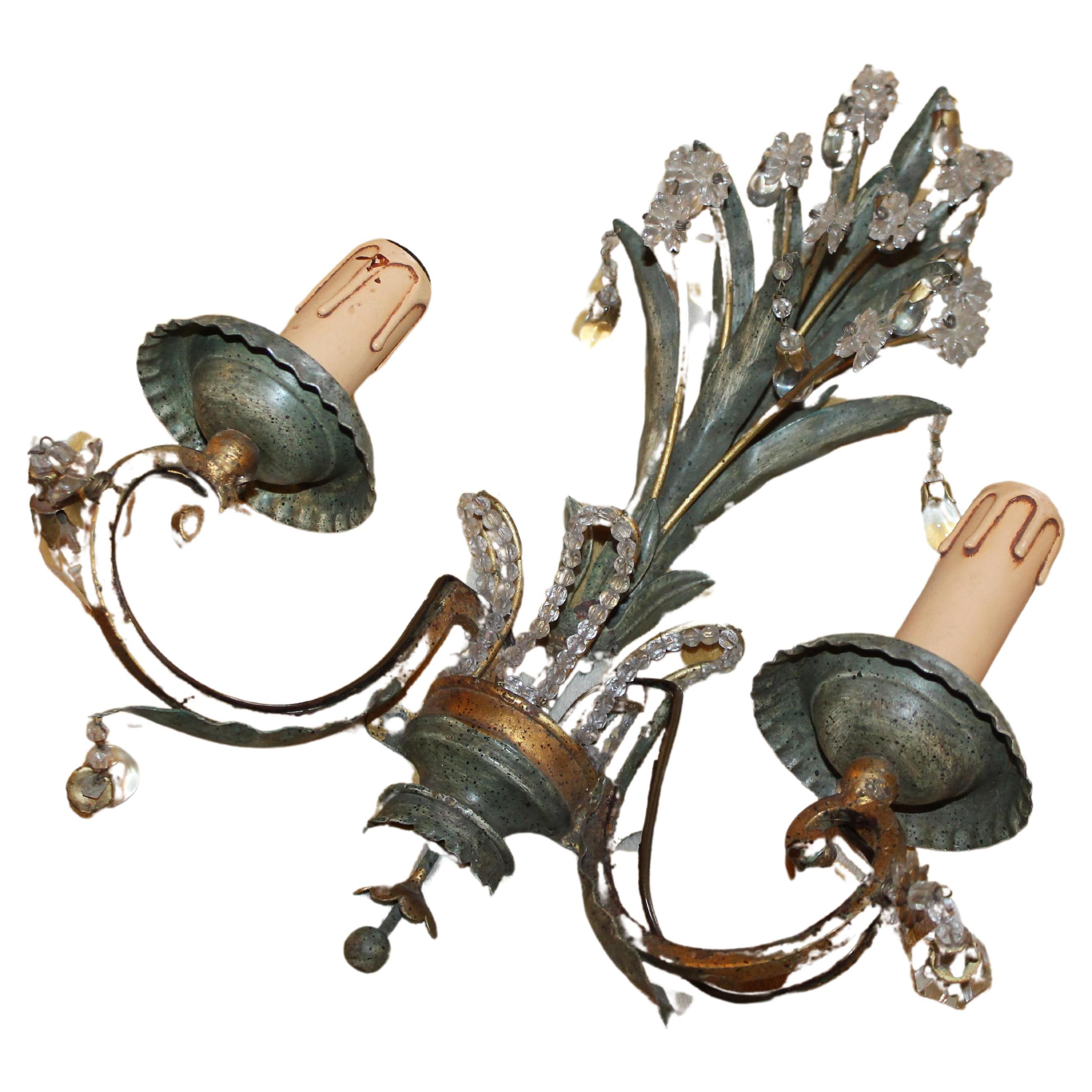 1960s French Regency Verde Palm Form Tole&Crystal Wall Lamp Sconce Maison Bagues For Sale