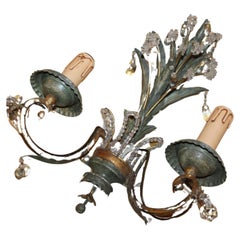 Vintage 1960s French Regency Verde Palm Form Tole&Crystal Wall Lamp Sconce Maison Bagues