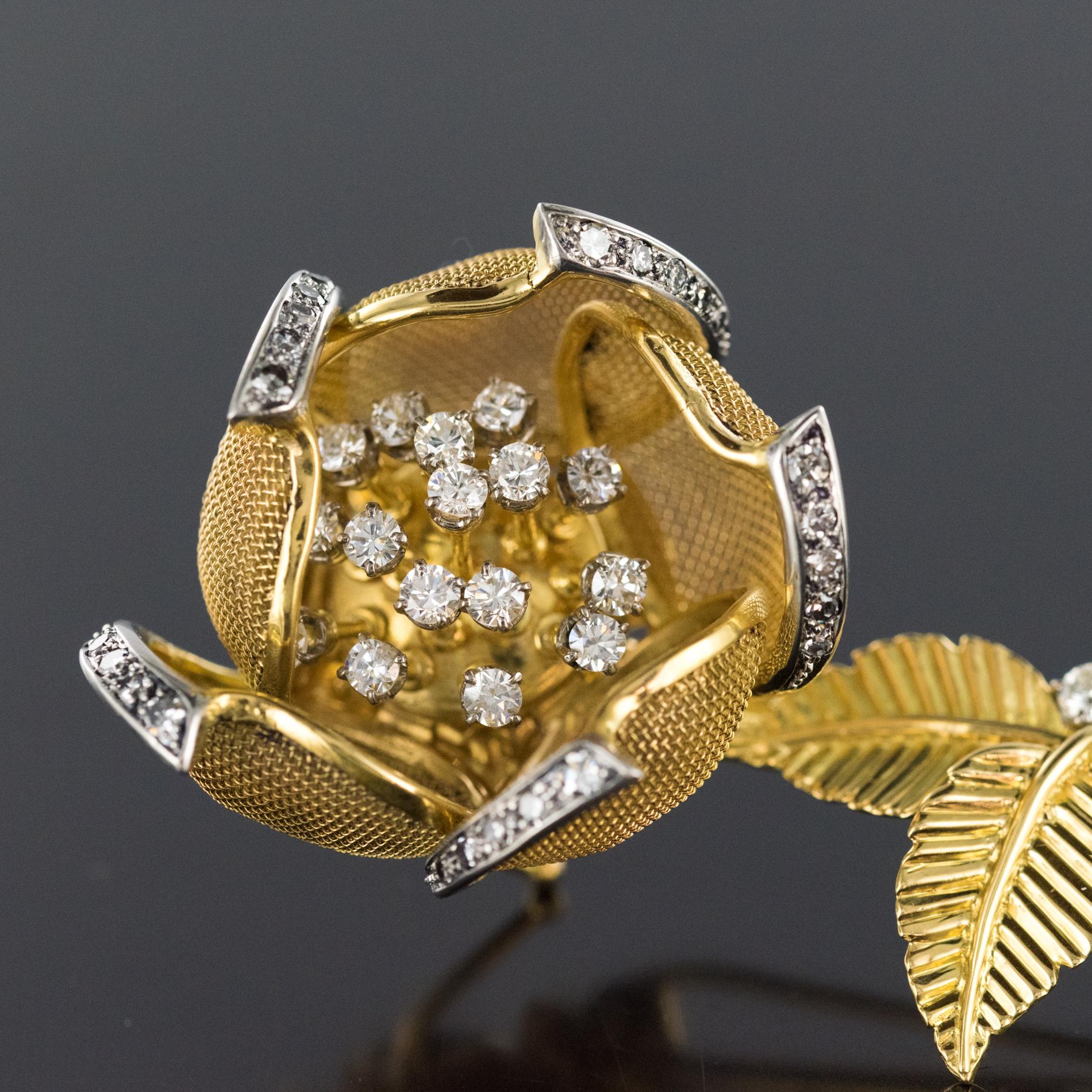 1960s French Retro Rose Shape Articulated Diamond Yellow Gold Brooch 8