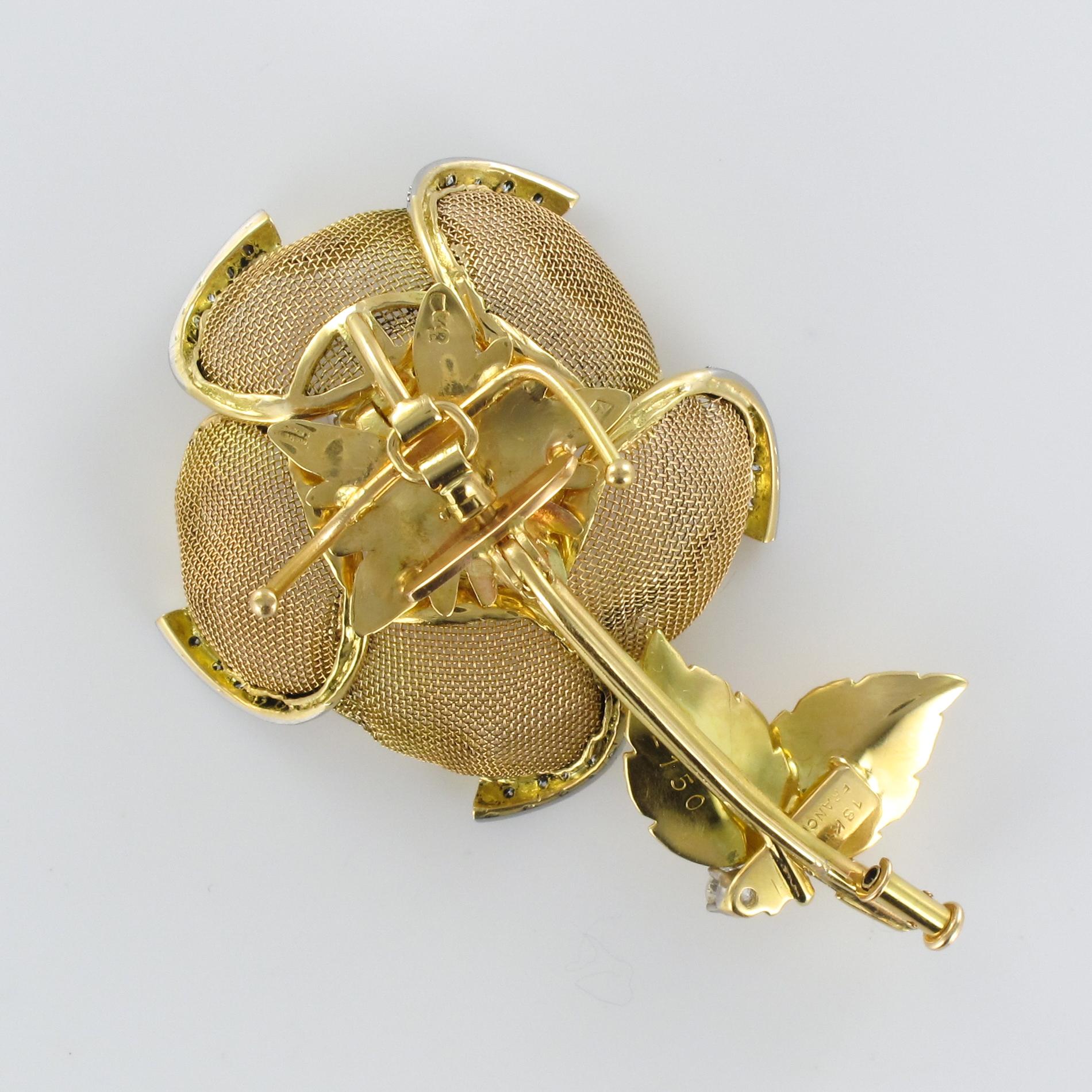 1960s French Retro Rose Shape Articulated Diamond Yellow Gold Brooch 11