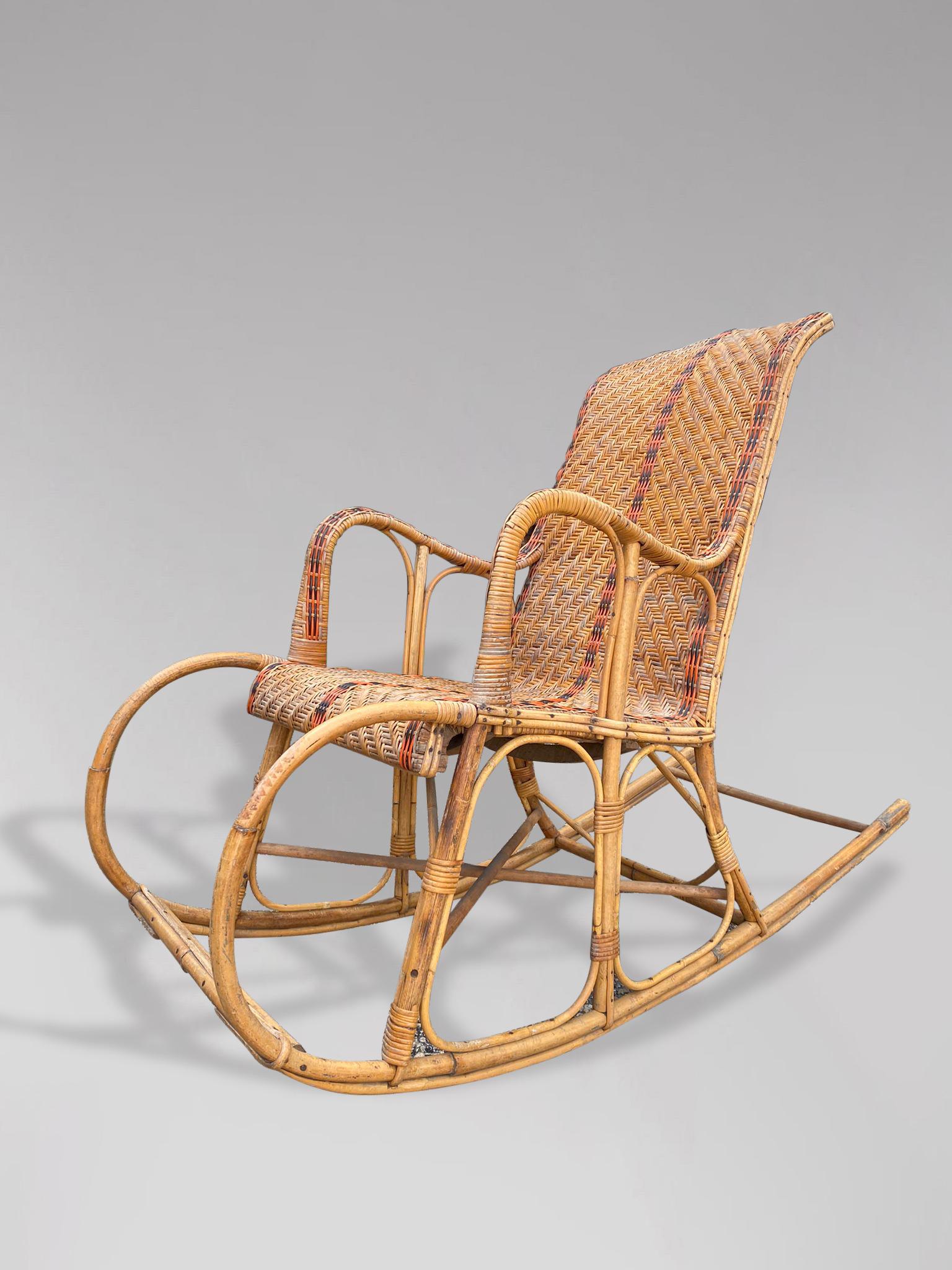 French Provincial 1960s French Riviera Bamboo & Rattan Rocking Armchair For Sale