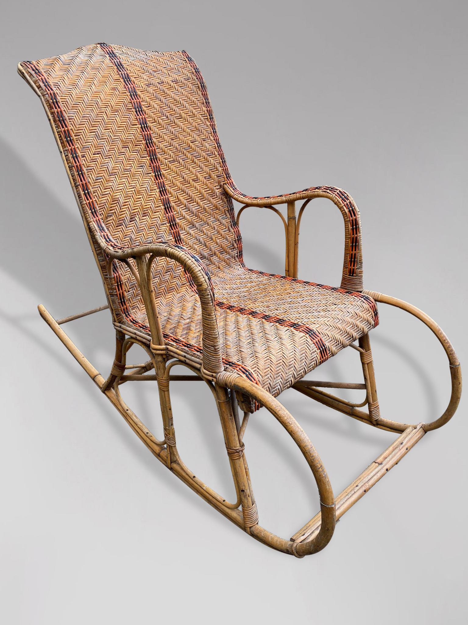 1960s French Riviera Bamboo & Rattan Rocking Armchair For Sale 1