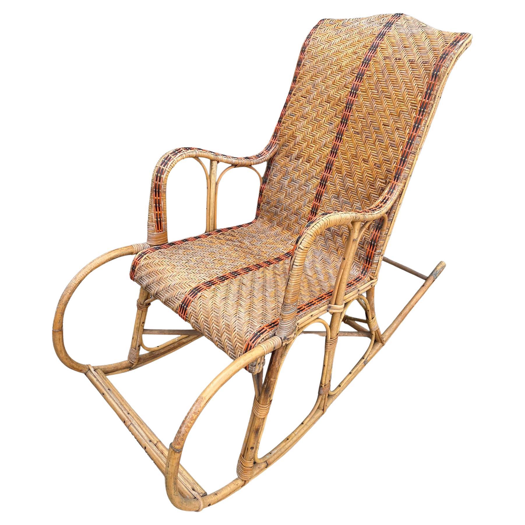 1960s French Riviera Bamboo & Rattan Rocking Armchair