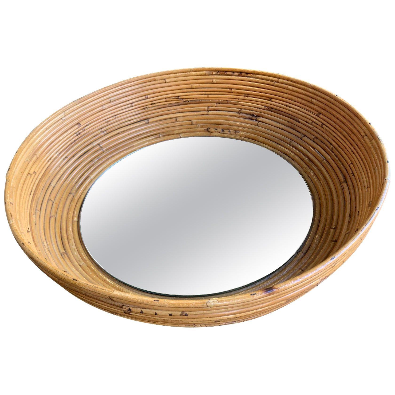 Mid-Century Modern 1960s French Riviera Circular Bowl Shaped Bamboo Mirror For Sale