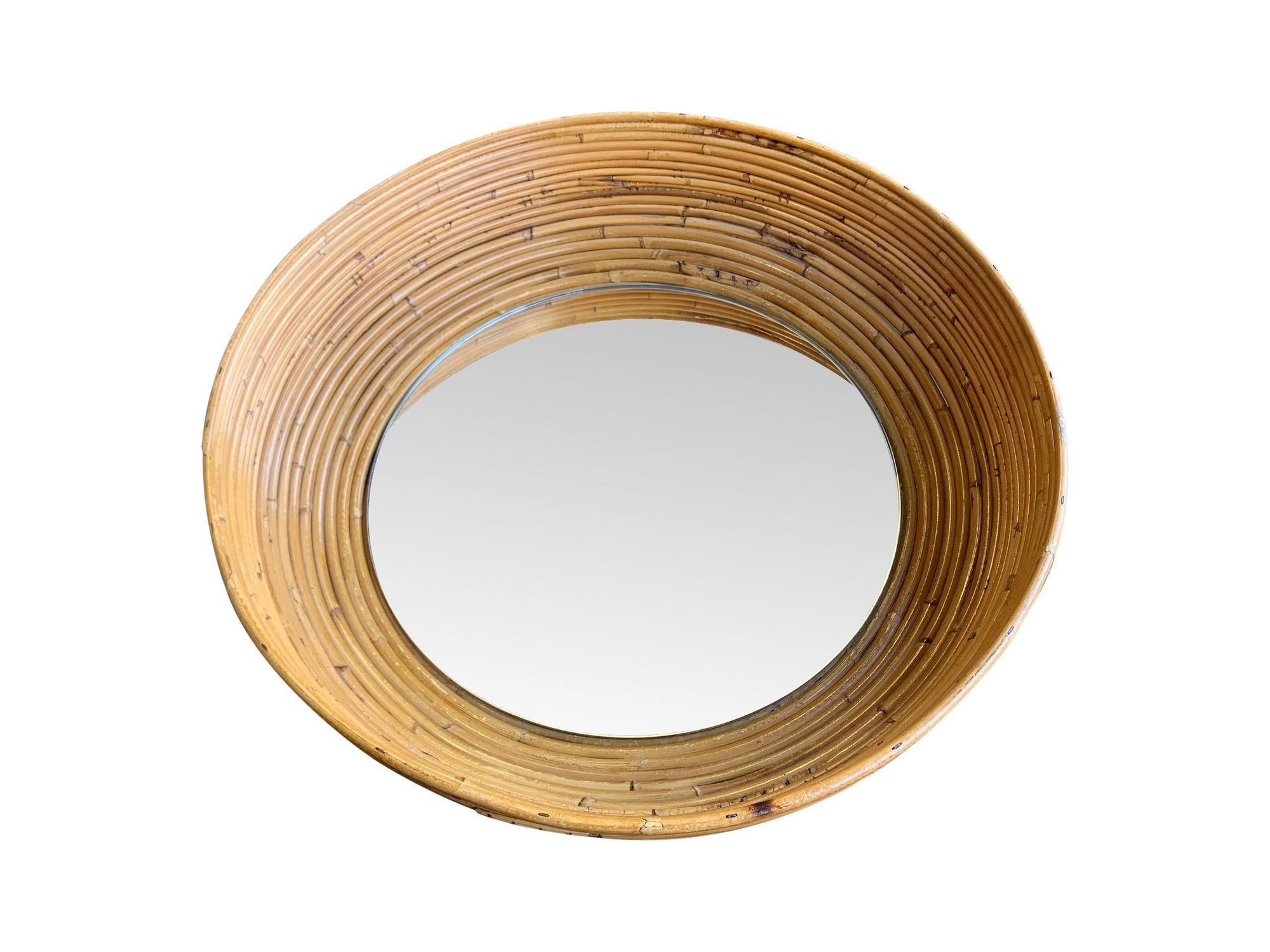 1960s French Riviera Circular Bowl Shaped Bamboo Mirror For Sale 3