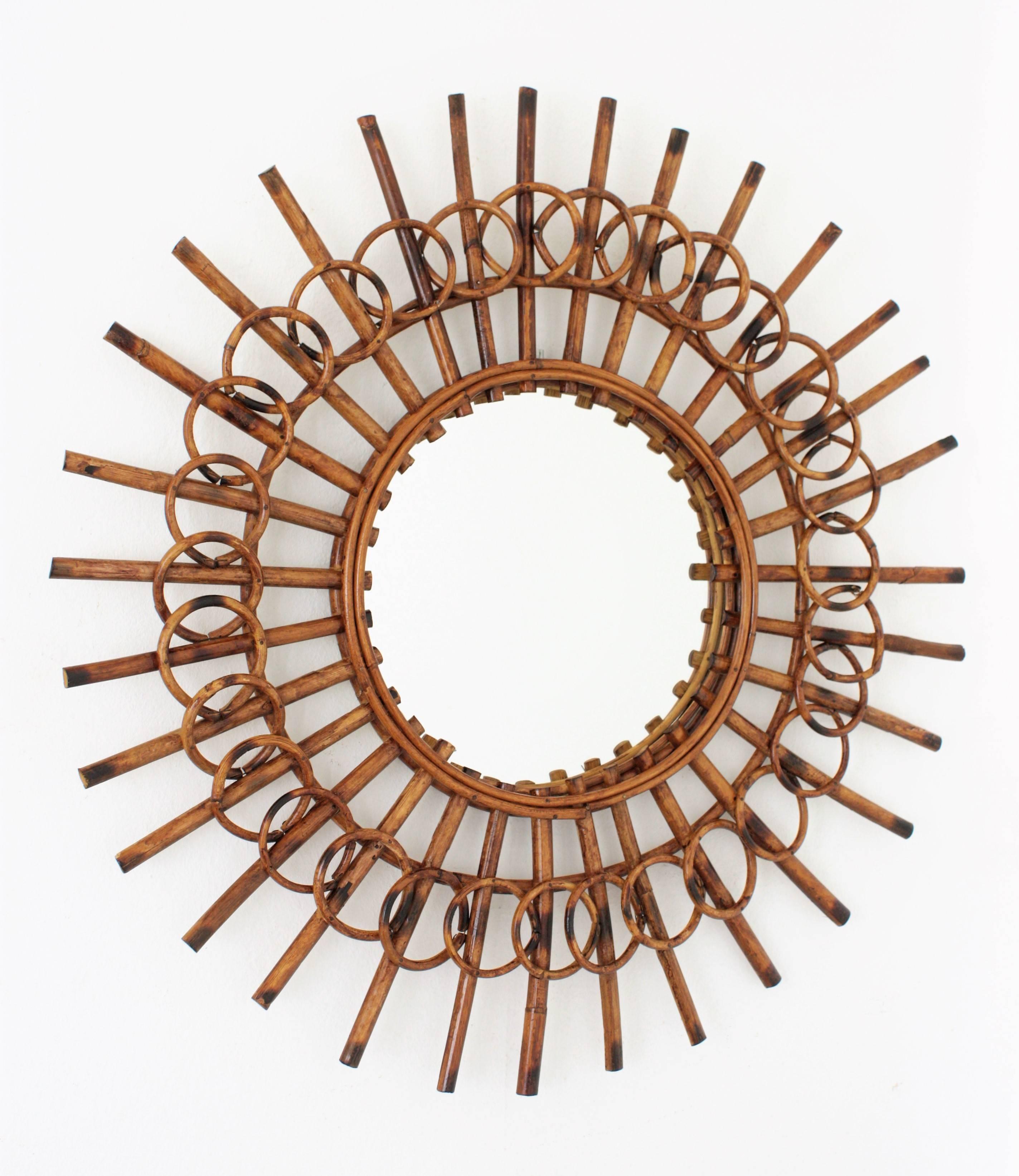 Mid-Century Modern French Riviera Rattan Sunburst Mirror with Circles Design, 1960s For Sale