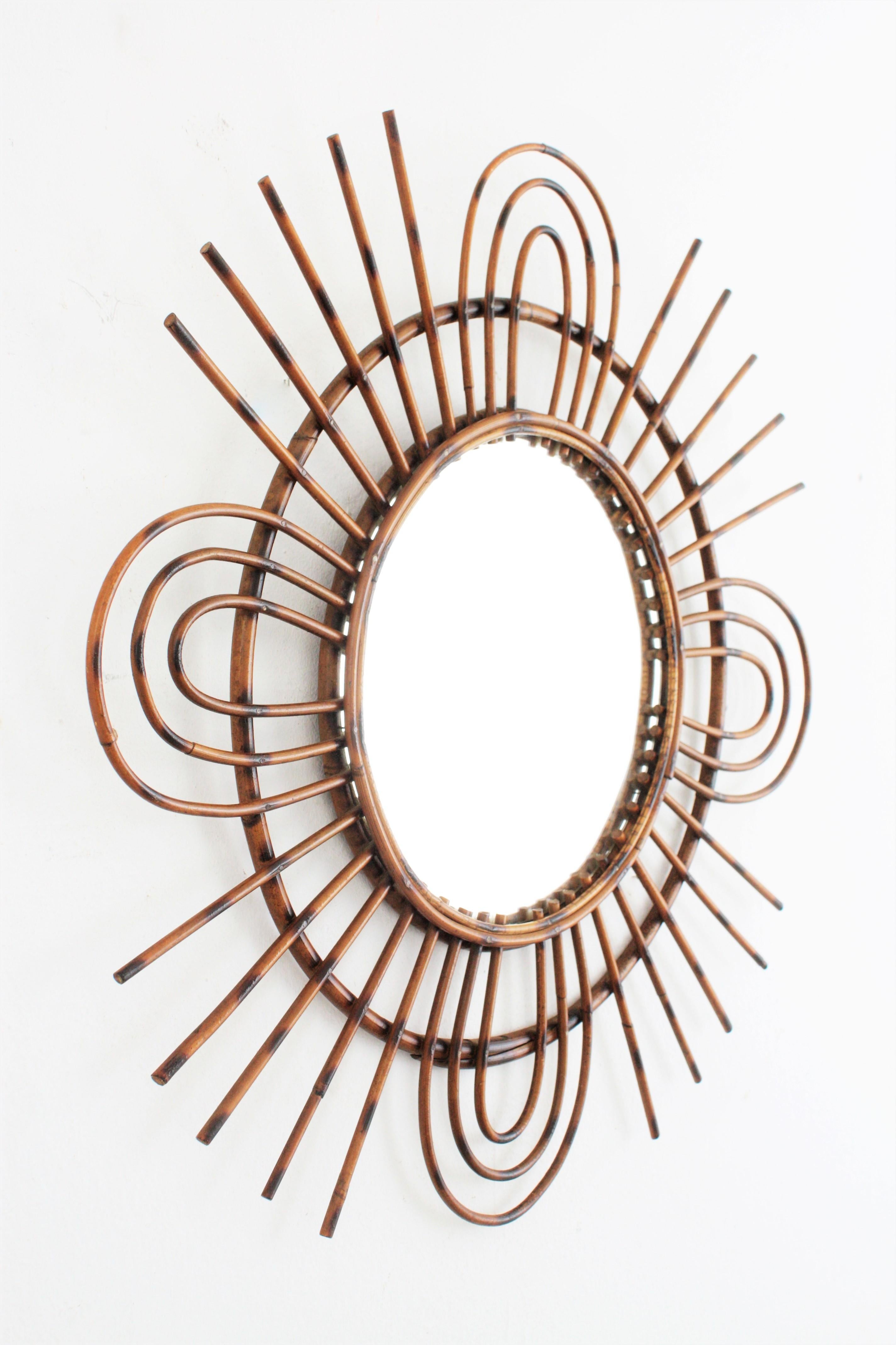 Hand-Crafted 1960s French Riviera Midcentury Rattan Sunburst Mirror with Triple Petals