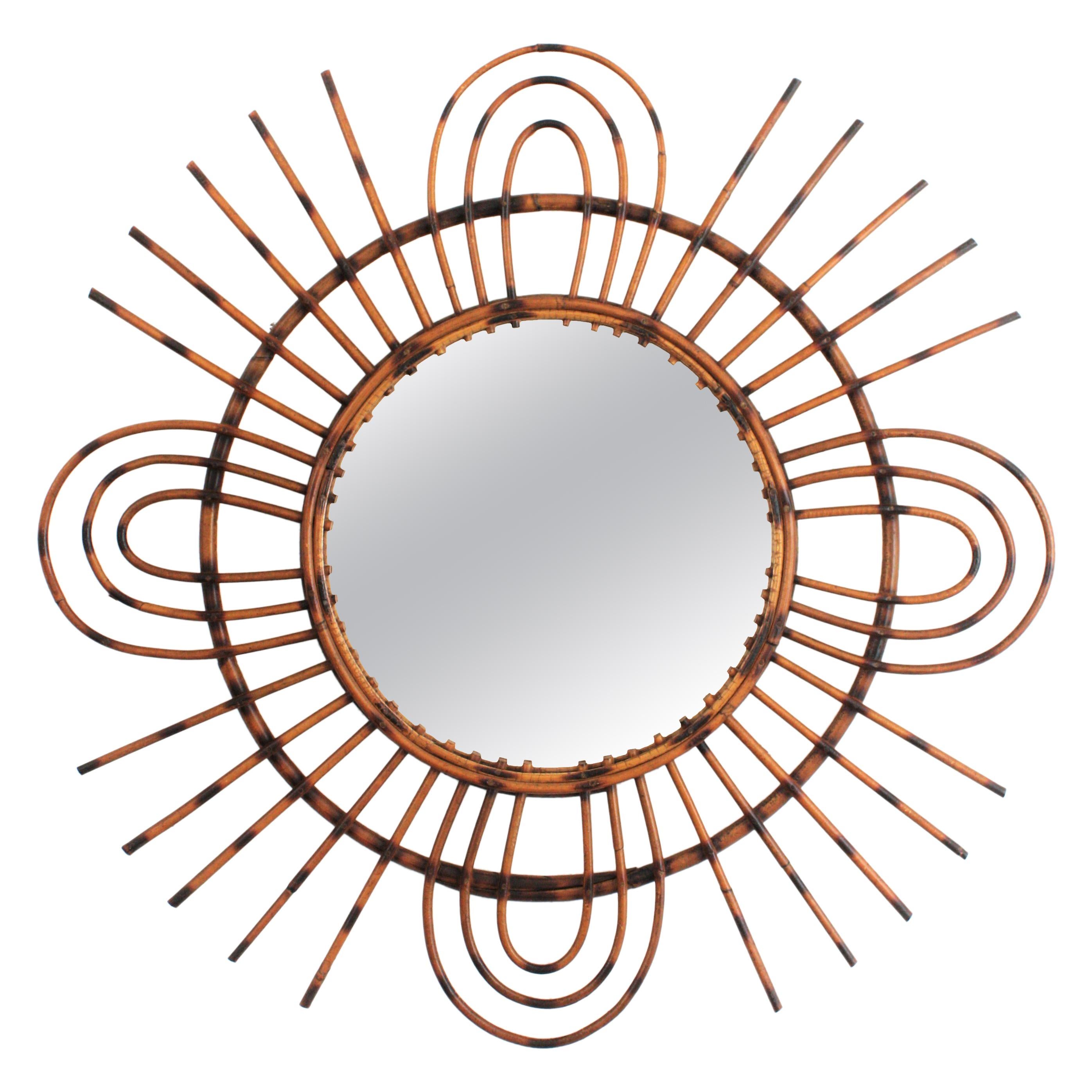 1960s French Riviera Midcentury Rattan Sunburst Mirror with Triple Petals