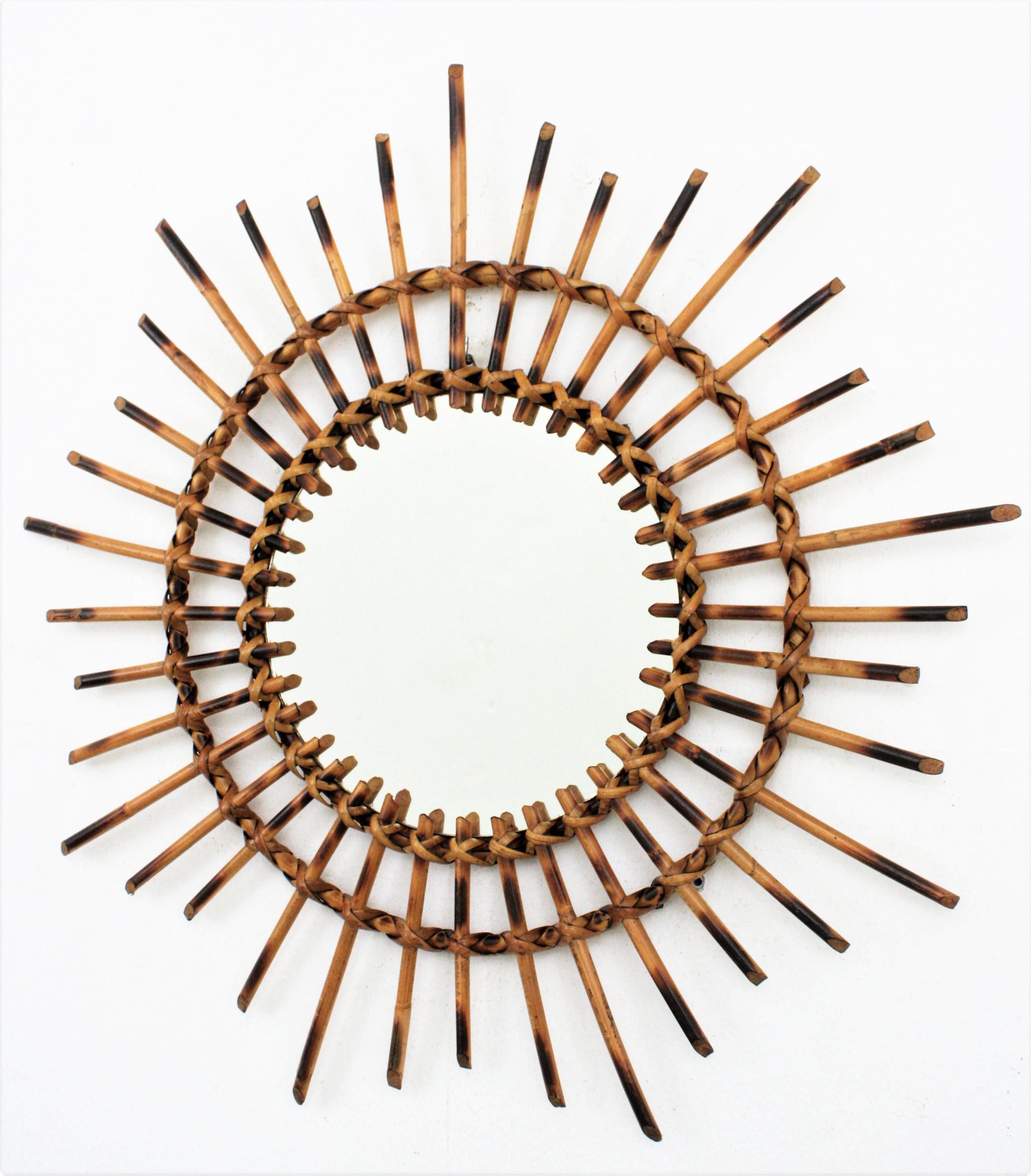 1960s French Riviera Rattan Starburst / Sunburst Mirror with Pyrography Details 6