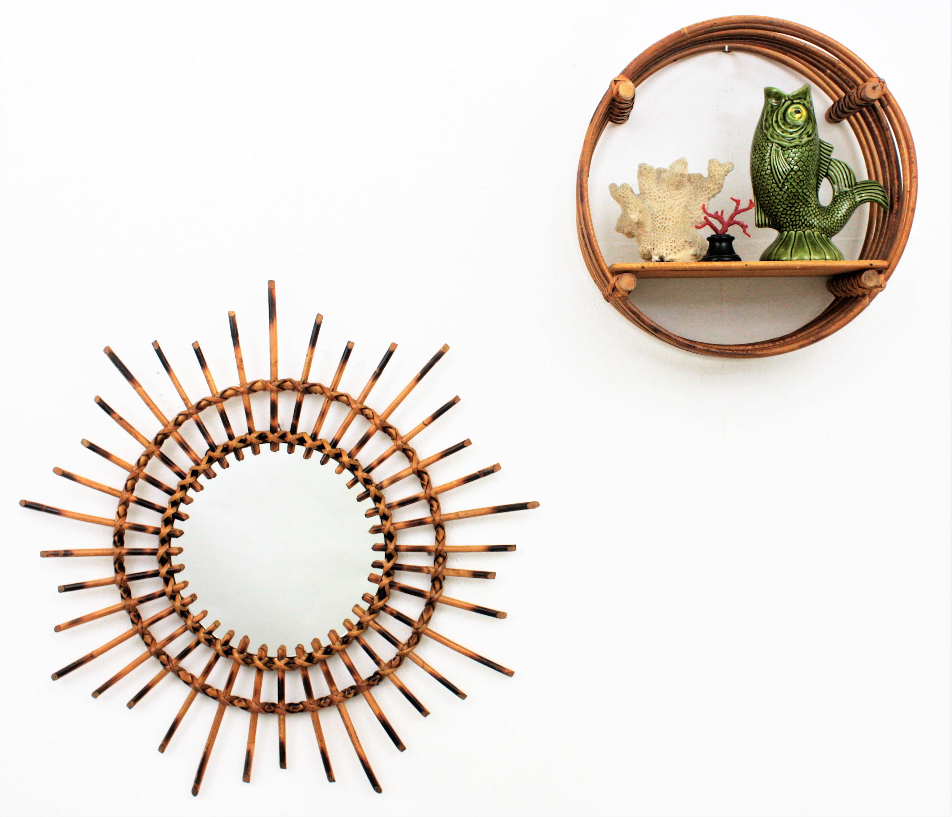 Mid-Century Modern 1960s French Riviera Rattan Starburst / Sunburst Mirror with Pyrography Details