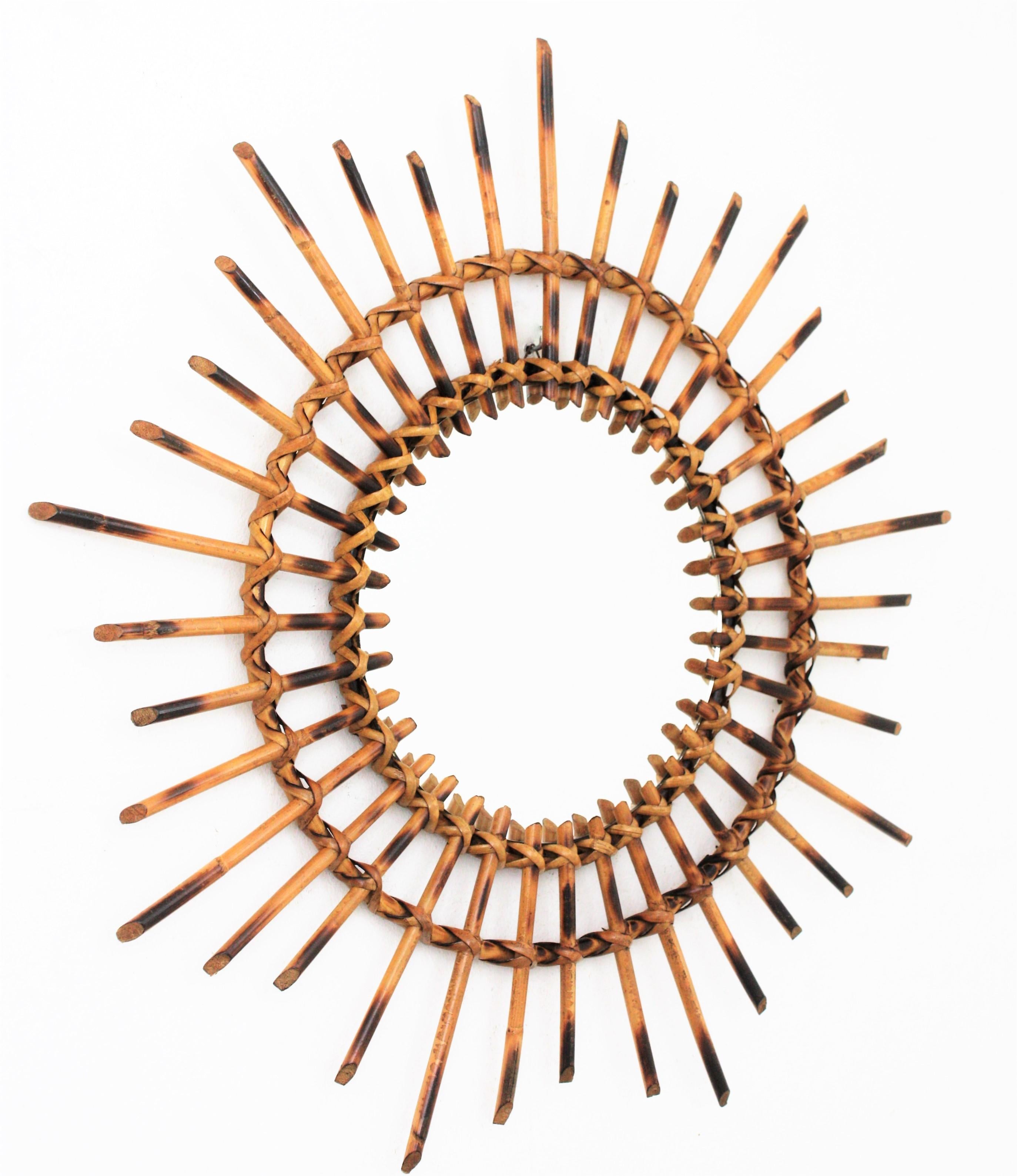 Hand-Crafted 1960s French Riviera Rattan Starburst / Sunburst Mirror with Pyrography Details