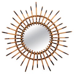 Vintage 1960s French Riviera Rattan Starburst / Sunburst Mirror with Pyrography Details