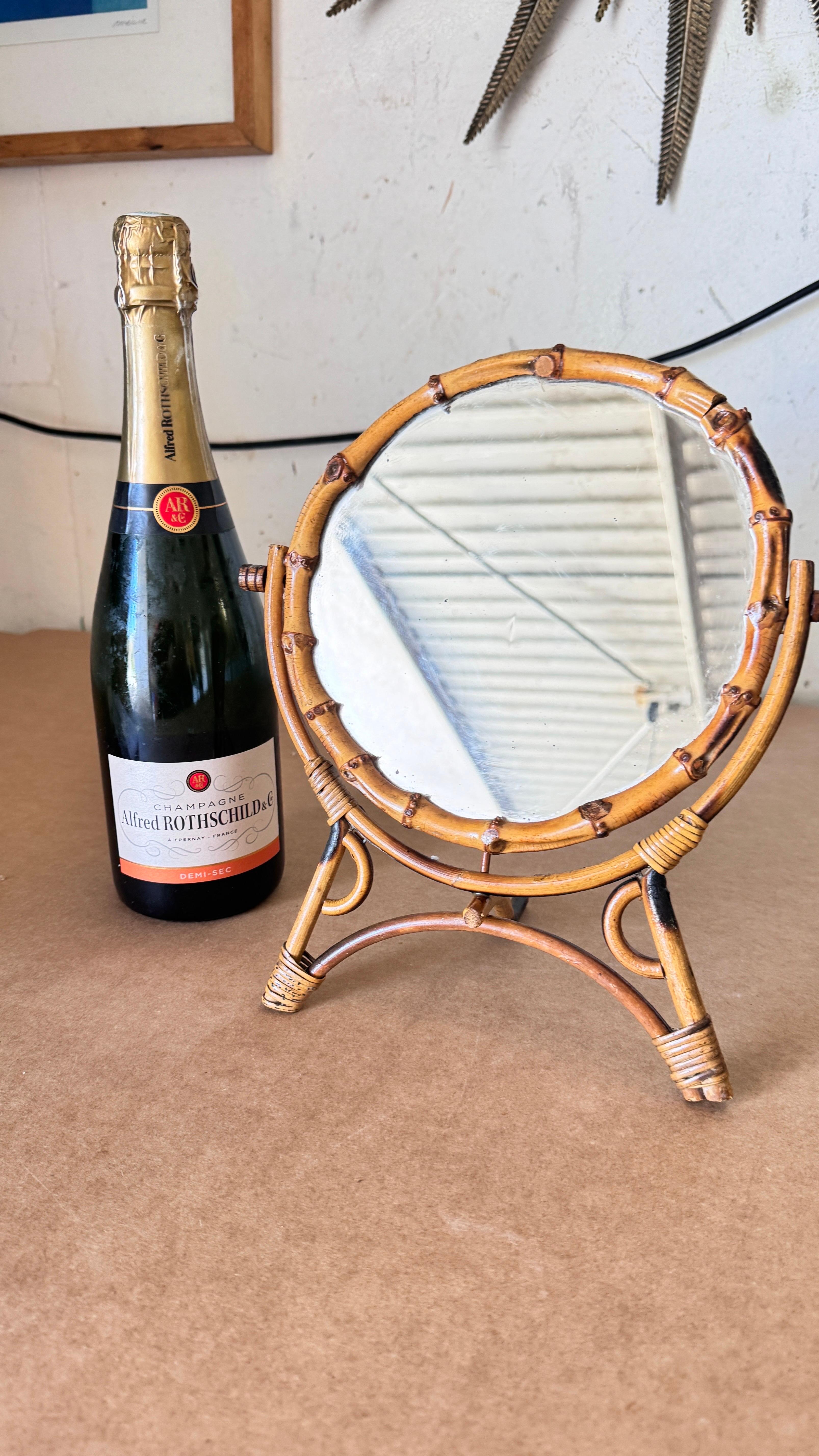1960s French Riviera Tripod Table Mirror in Rattan, Adjustable Circular Design For Sale 7