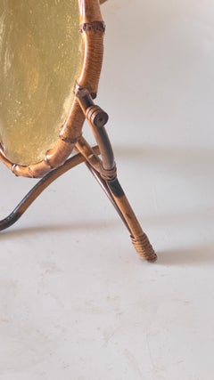 1960s French Riviera Tripod Table Mirror in Rattan, Adjustable Circular Design