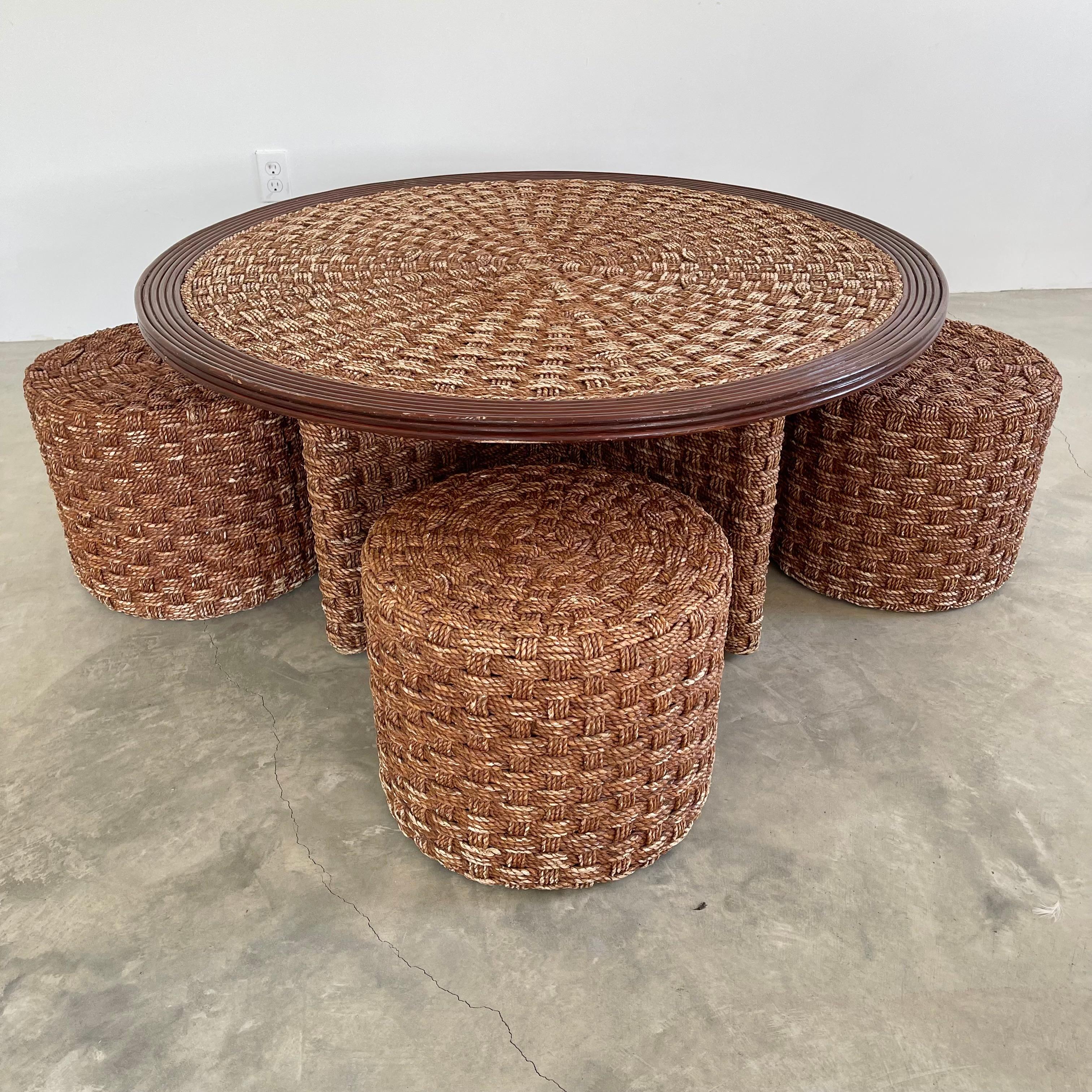 1960s French Rope and Wood Table with Four Nesting Stools 11