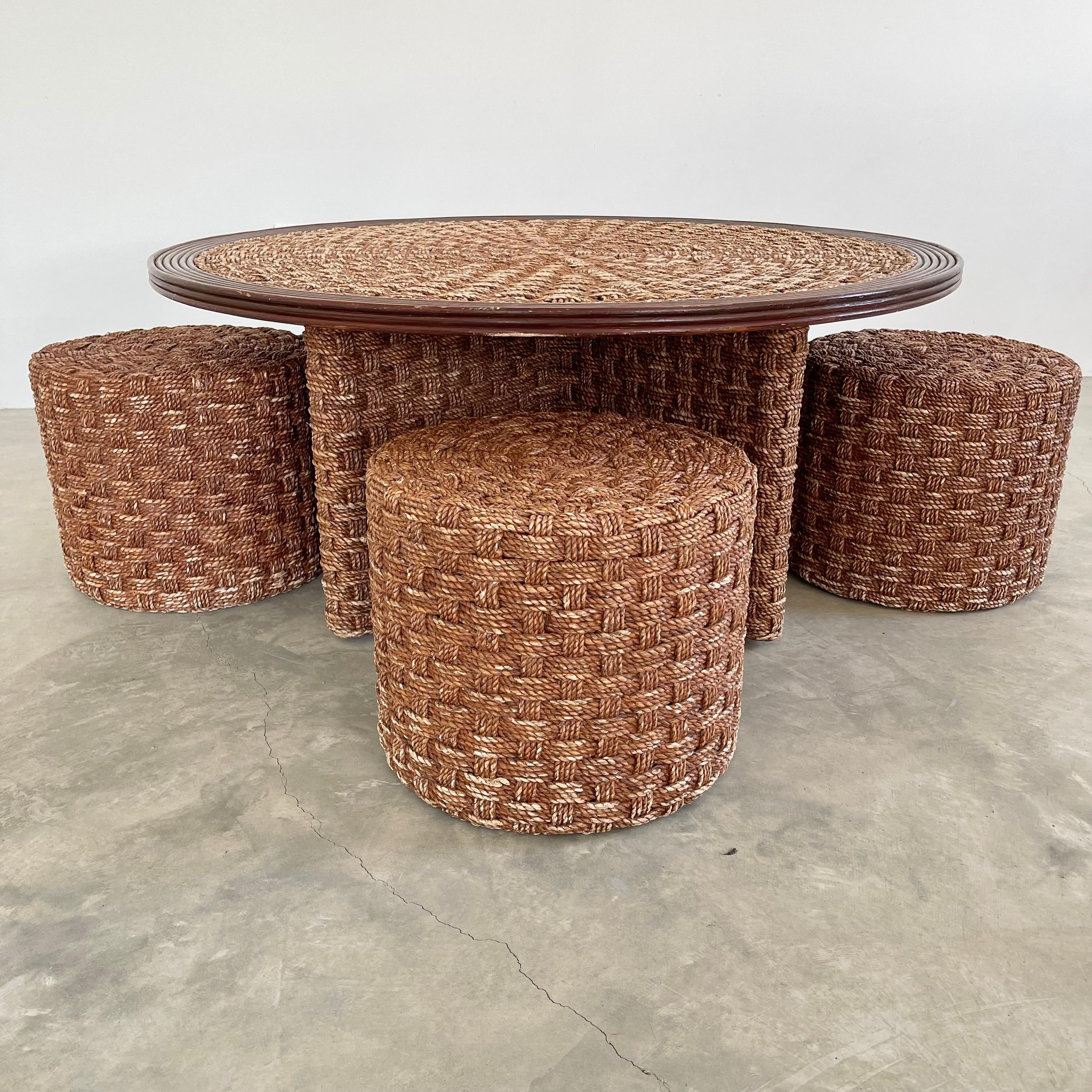1960s French Rope and Wood Table with Four Nesting Stools In Good Condition In Los Angeles, CA