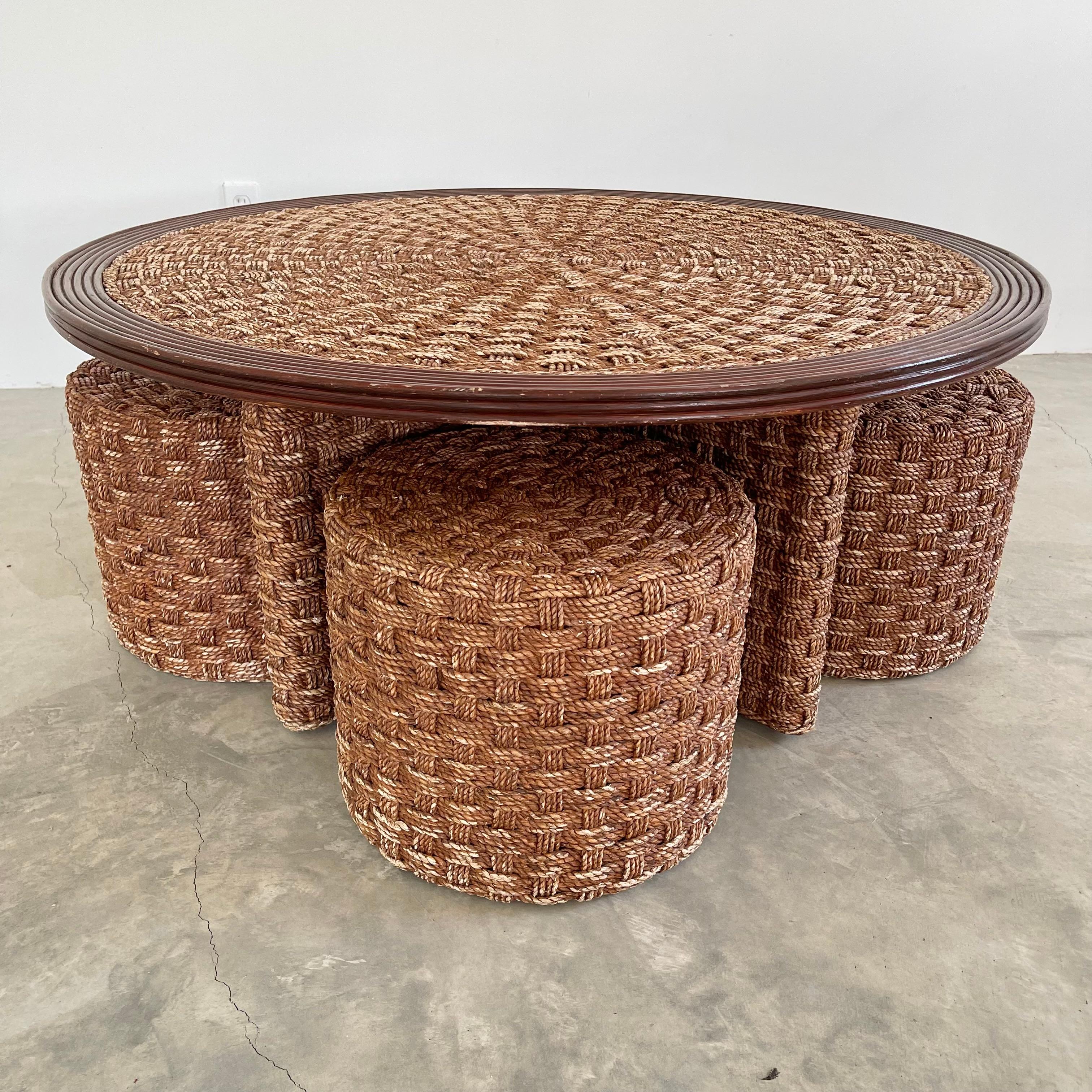 Mid-20th Century 1960s French Rope and Wood Table with Four Nesting Stools