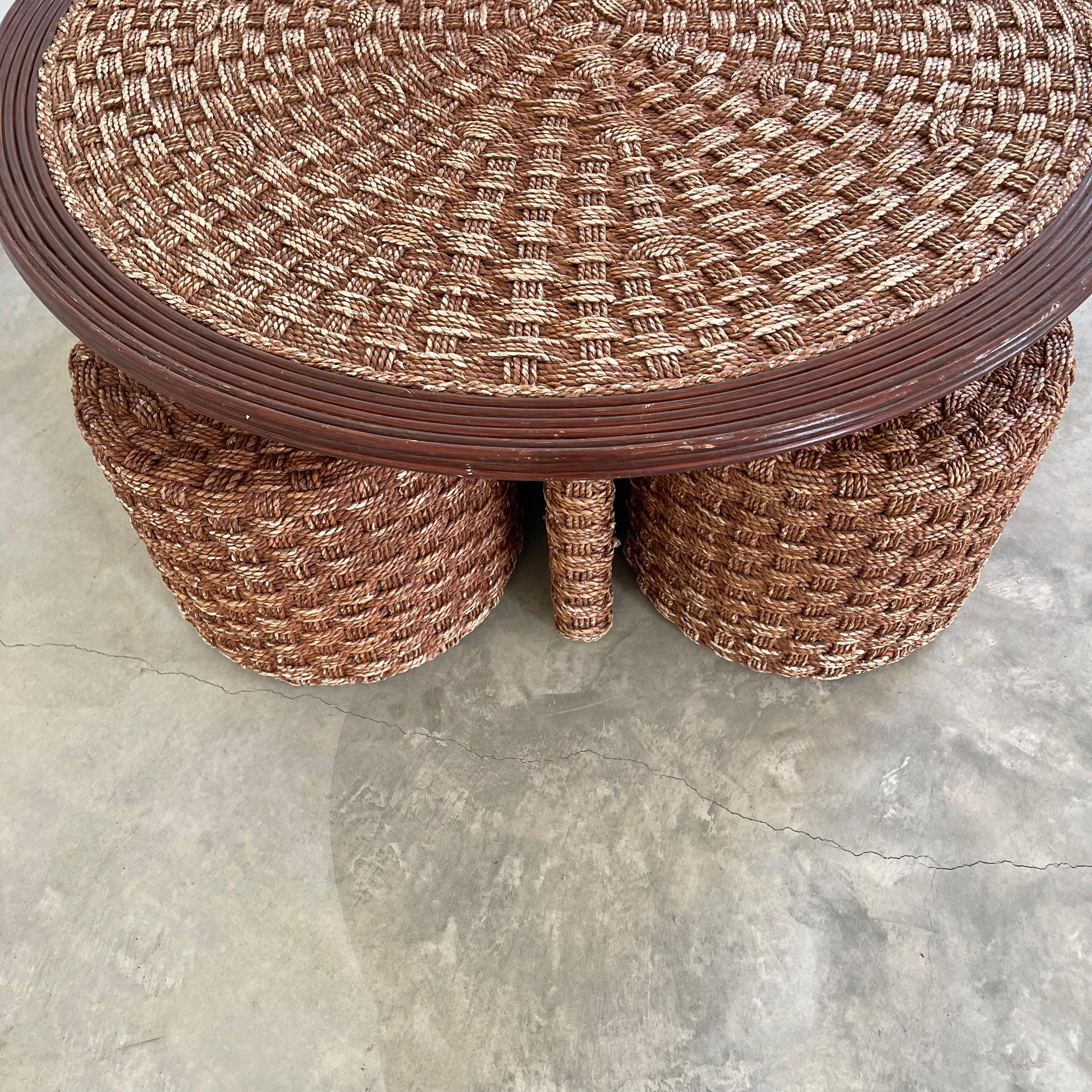 1960s French Rope and Wood Table with Four Nesting Stools 1