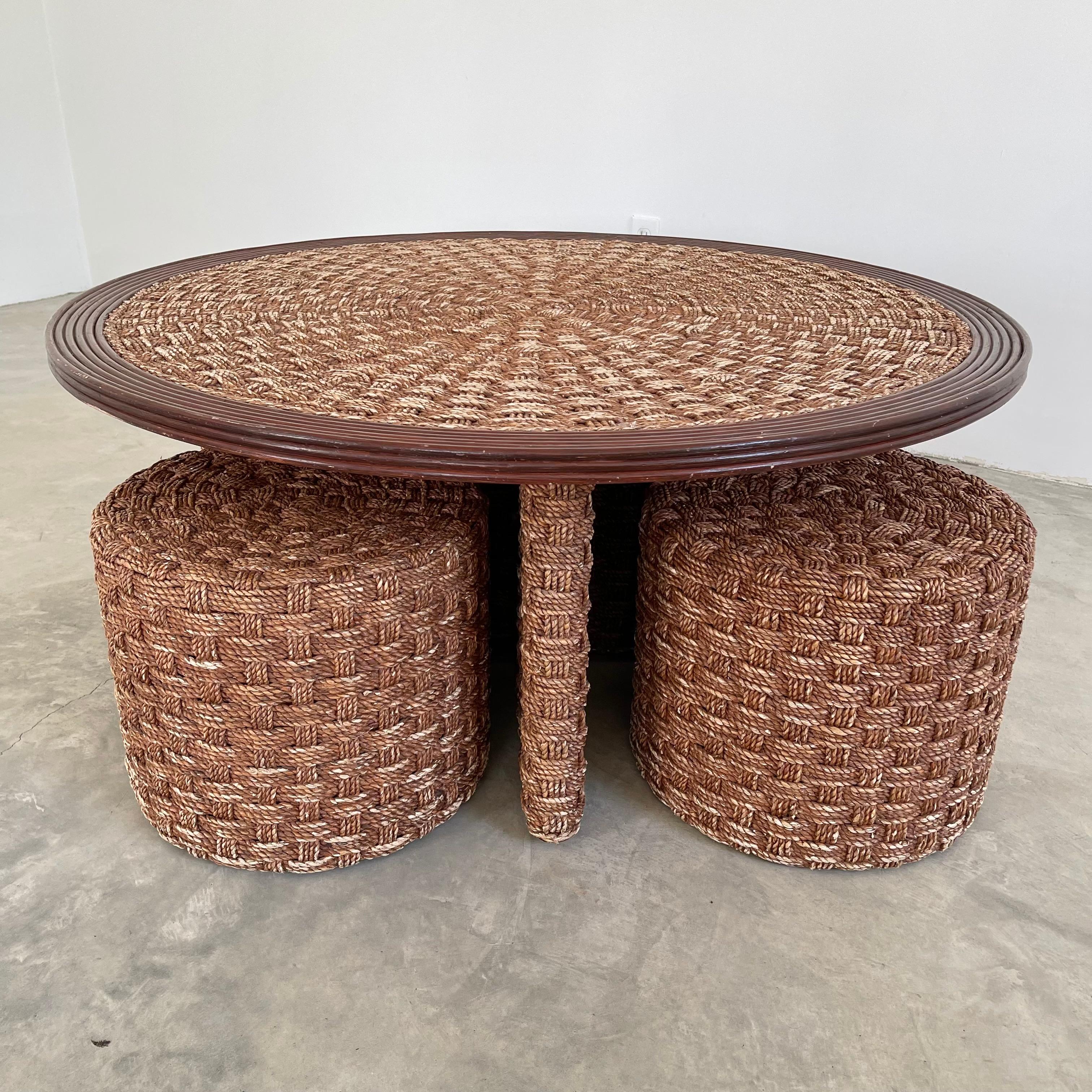 1960s French Rope and Wood Table with Four Nesting Stools 2