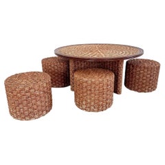 1960s French Rope and Wood Table with Four Nesting Stools