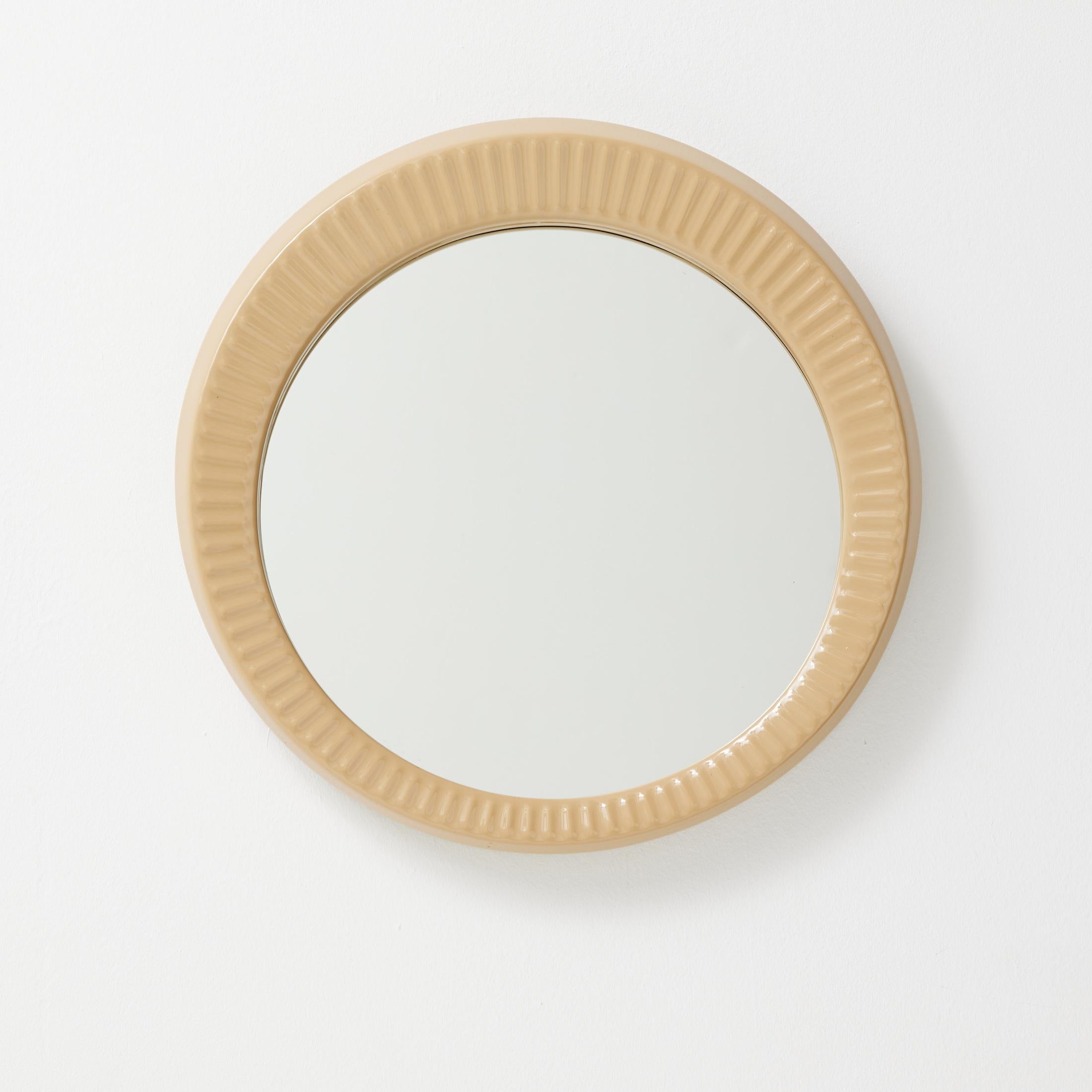 Mid-Century Modern 1960s French Round Mirror with Beige Glazed Ceramic Frame For Sale