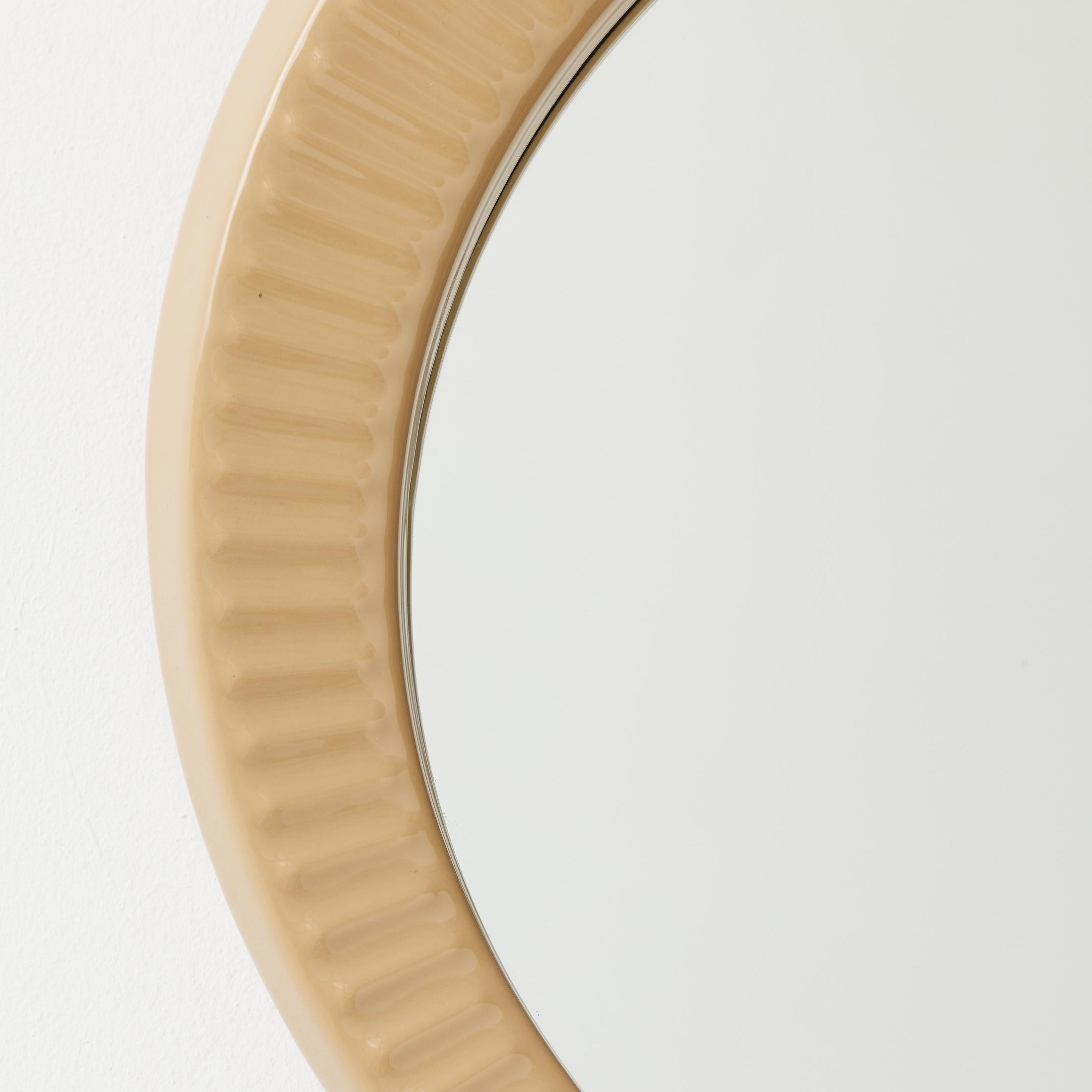 Spanish 1960s French Round Mirror with Beige Glazed Ceramic Frame For Sale