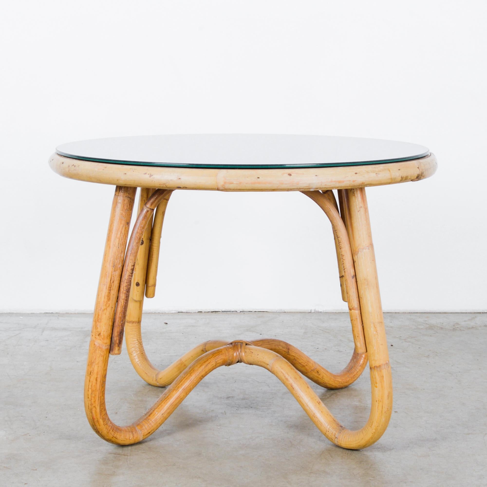 Mid-Century Modern 1960s French Round Rattan Table with Black Glass Top