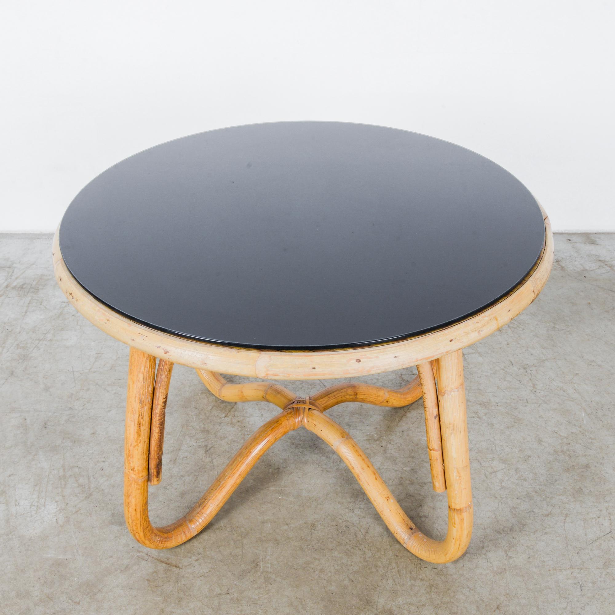 Mid-20th Century 1960s French Round Rattan Table with Black Glass Top
