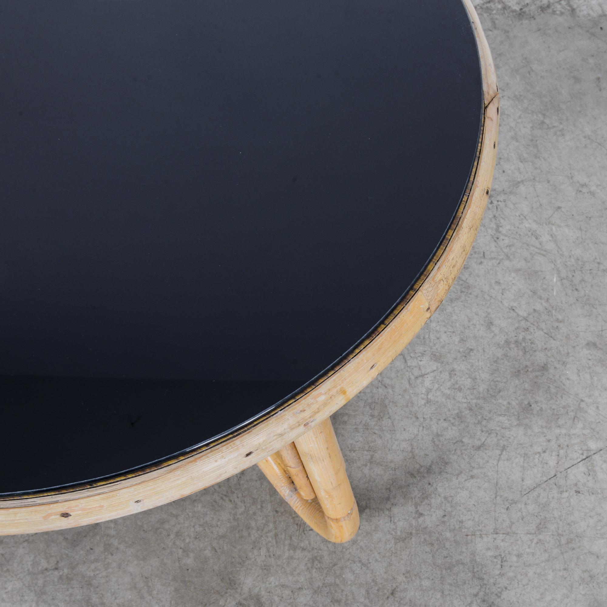 1960s French Round Rattan Table with Black Glass Top 1