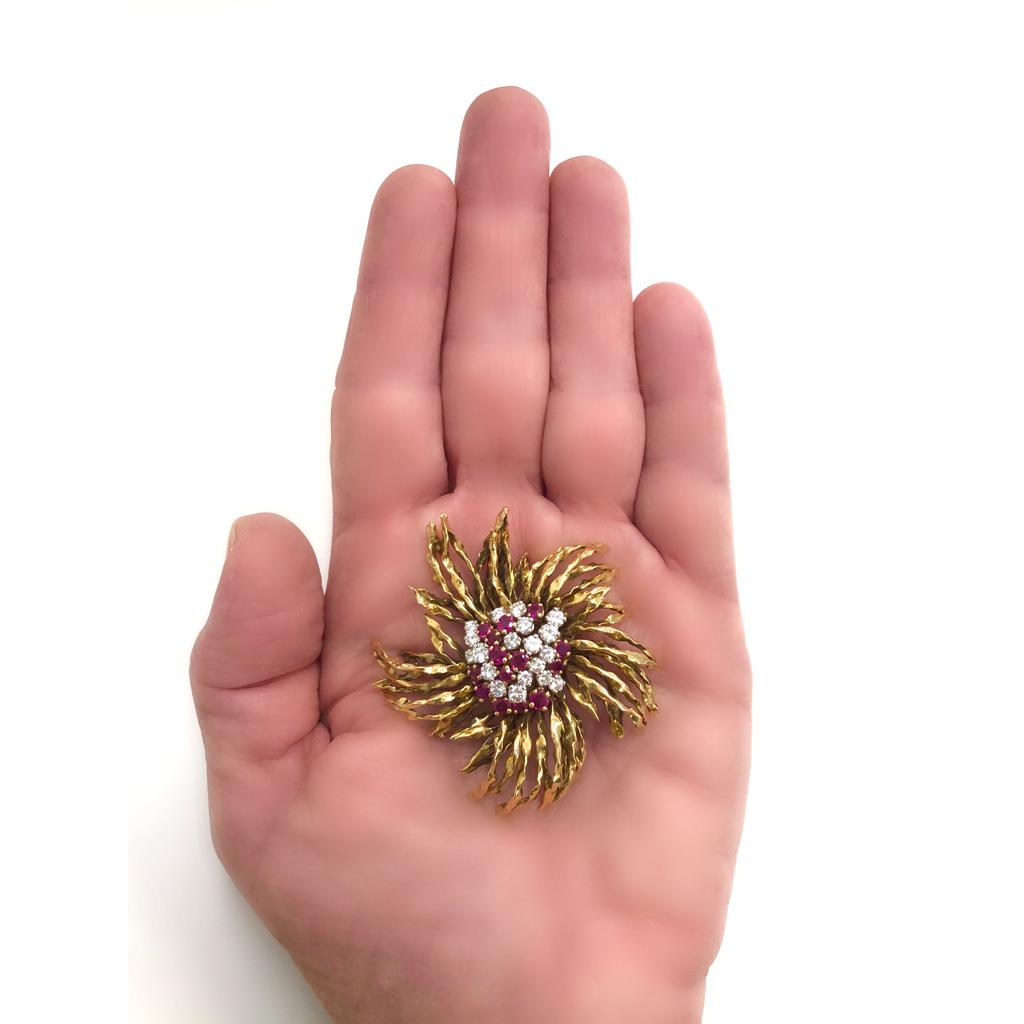 Round Cut 1960s French Ruby and Diamond Brooch in 18 Karat Yellow Gold
