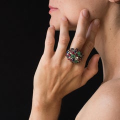 1960s French Ruby Sapphire Engraved Emerald Diamond Gold Ring