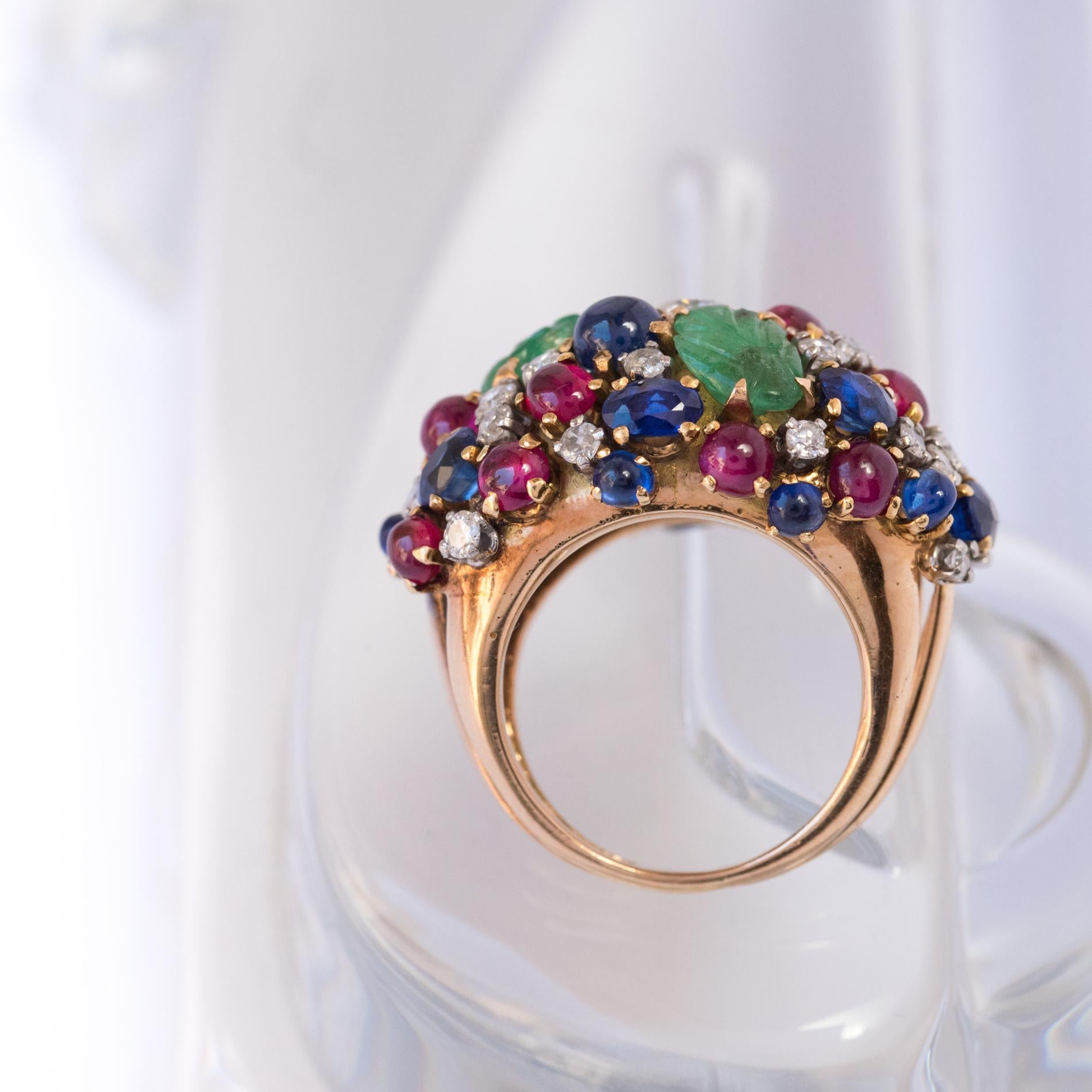 Retro 1960s French Ruby Sapphire Engraved Emerald Diamond Gold Ring