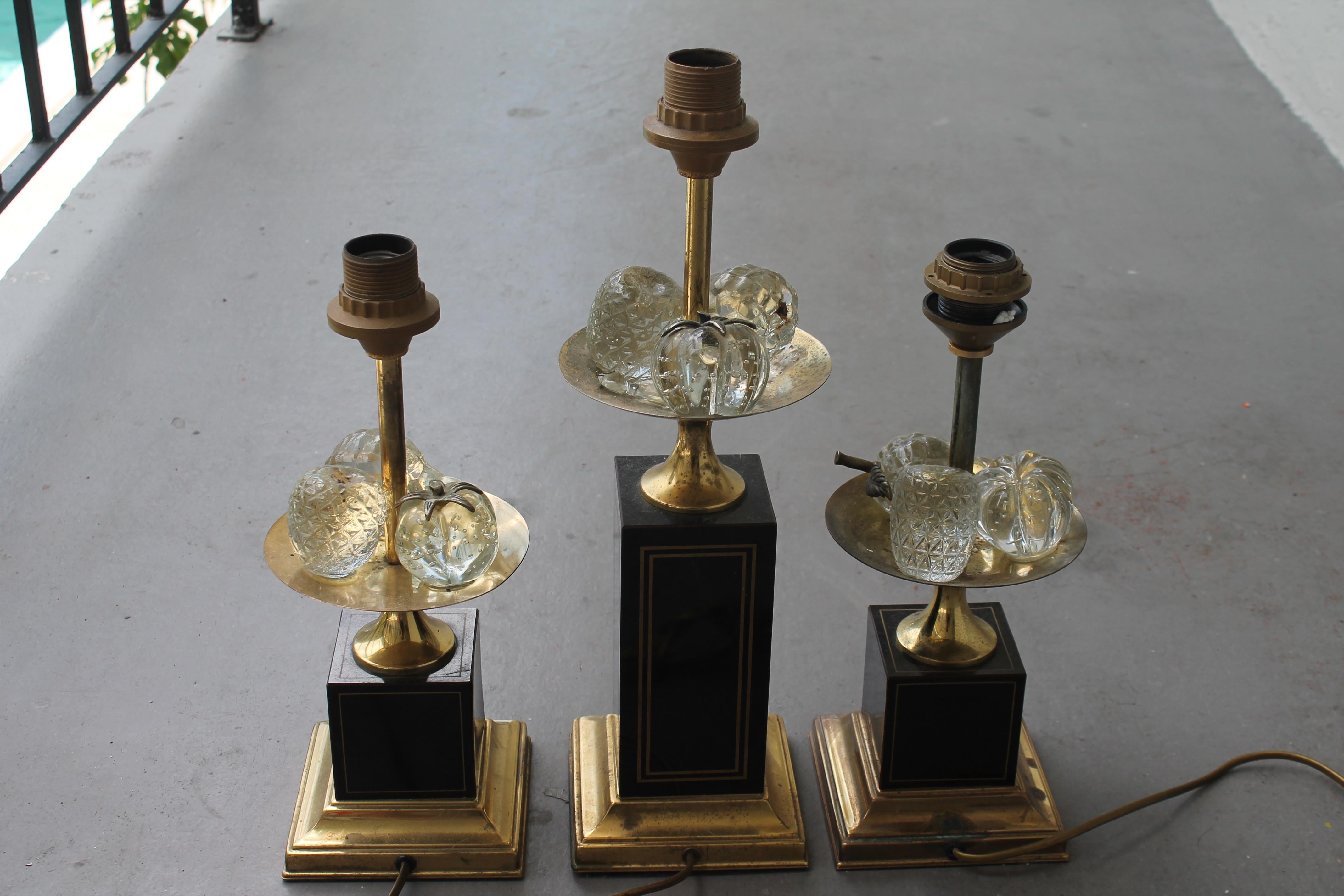 1960s French Set/3 Crystal Fruit Laden Table Lamps - Pair + 1 Bronze Table Lamps For Sale 5