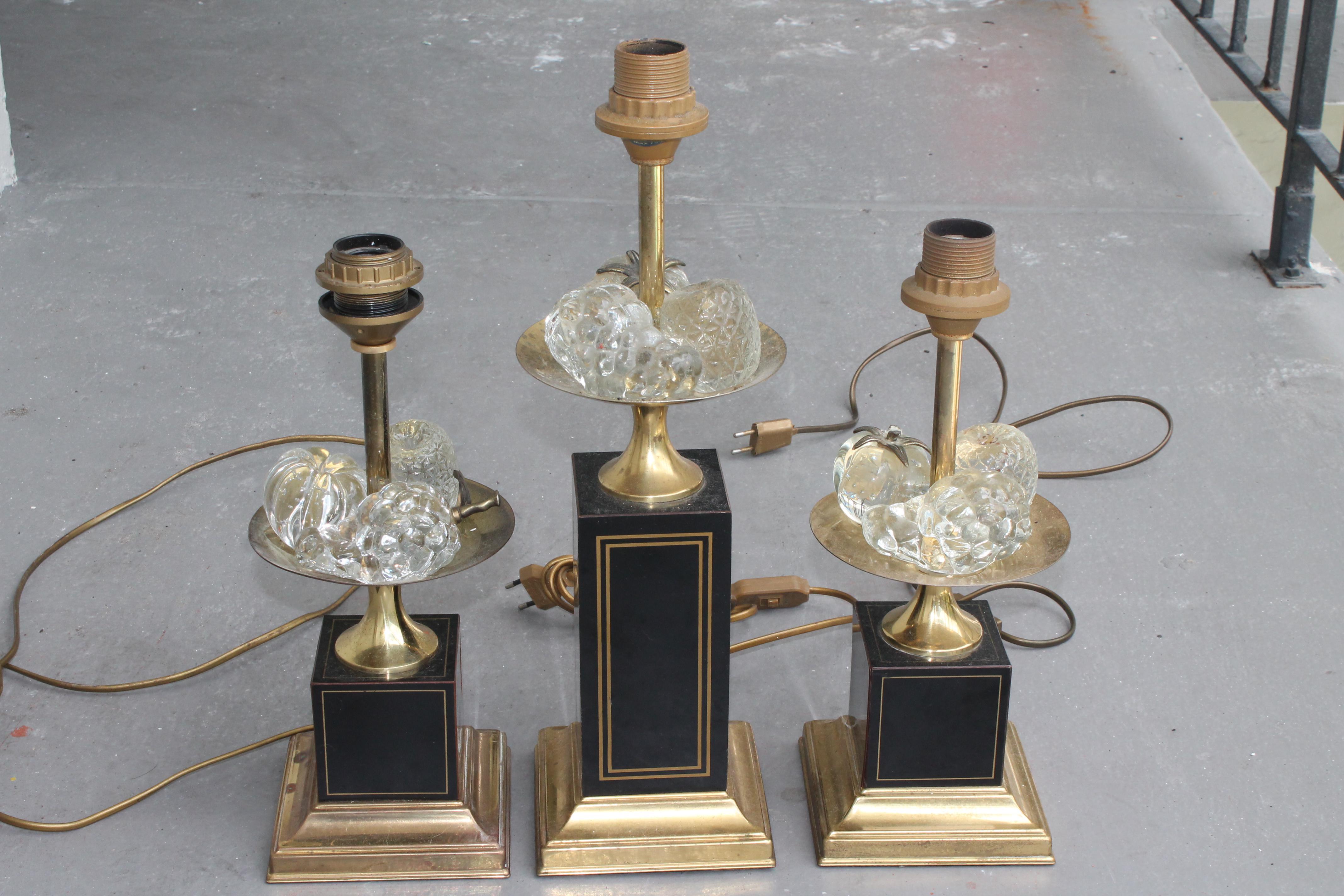 1960s French Set/3 Crystal Fruit Laden Table Lamps - Pair + 1 Bronze Table Lamps For Sale 6