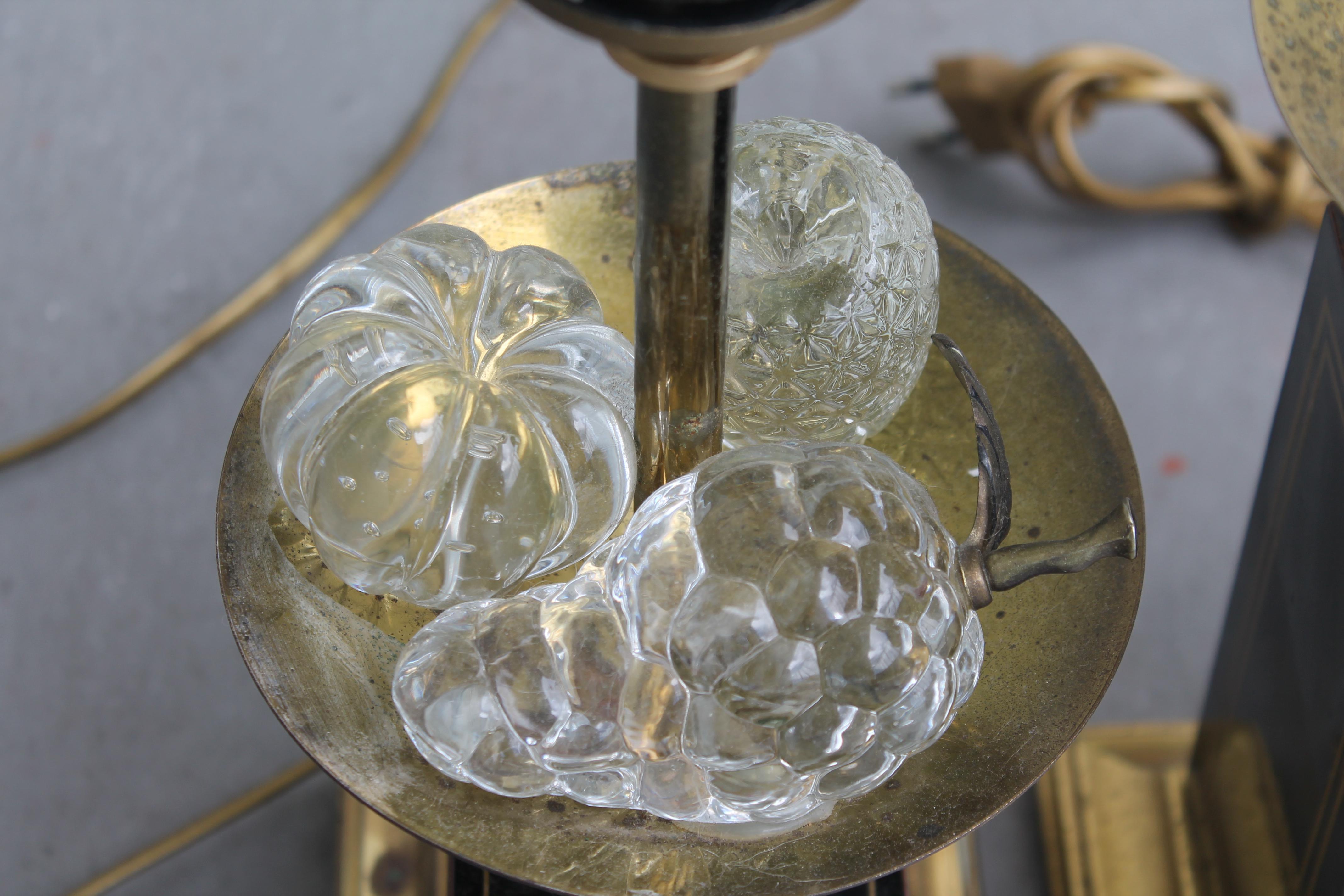 Mid-20th Century 1960s French Set/3 Crystal Fruit Laden Table Lamps - Pair + 1 Bronze Table Lamps For Sale