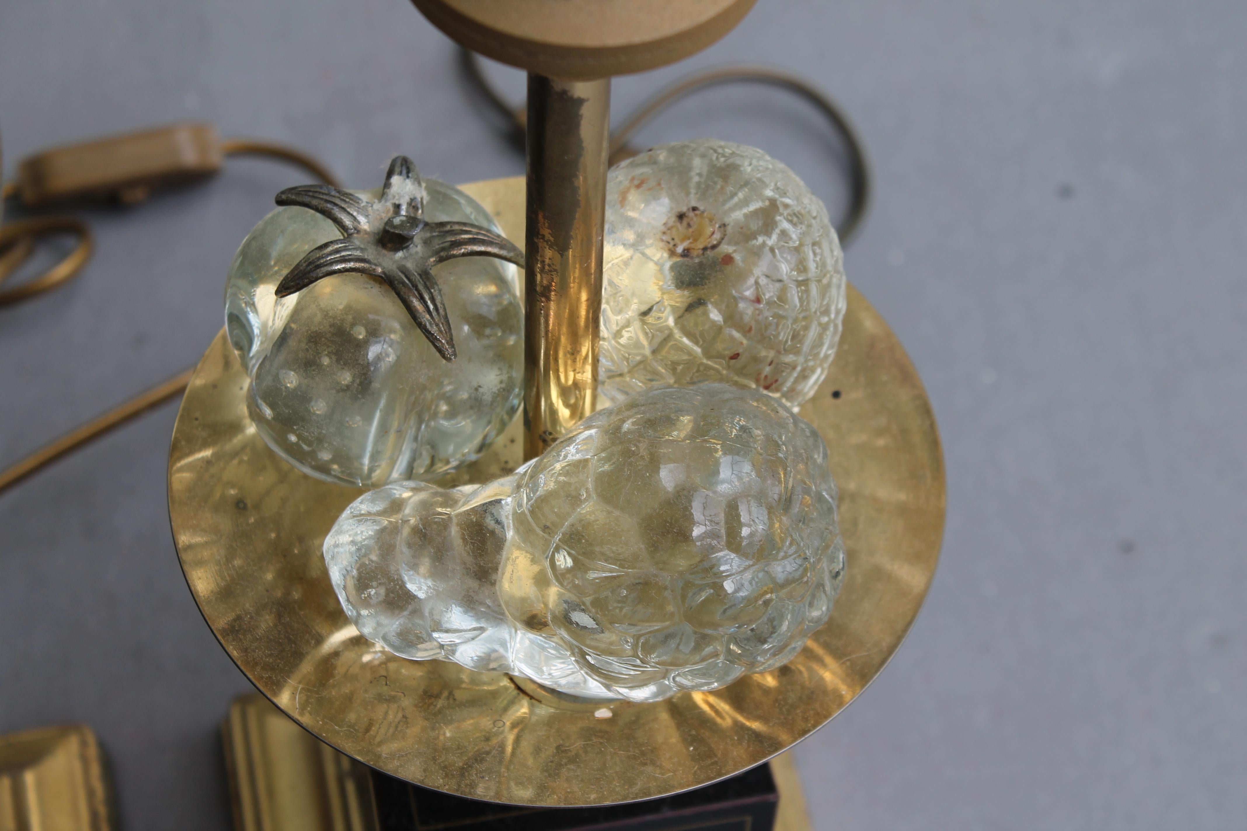 1960s French Set/3 Crystal Fruit Laden Table Lamps - Pair + 1 Bronze Table Lamps For Sale 1