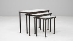 1960s French Set of Three Iron Nesting Tables With Marble Tops