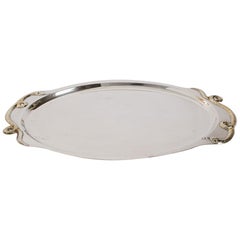 1960s French Silver Plated Serving Tray with Serpent Handle Detail
