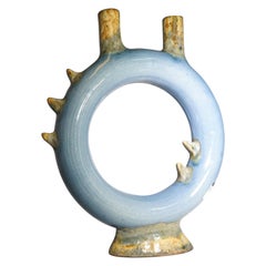 1960s French Sky Blue and Yellow Signed Pottery Sculpture
