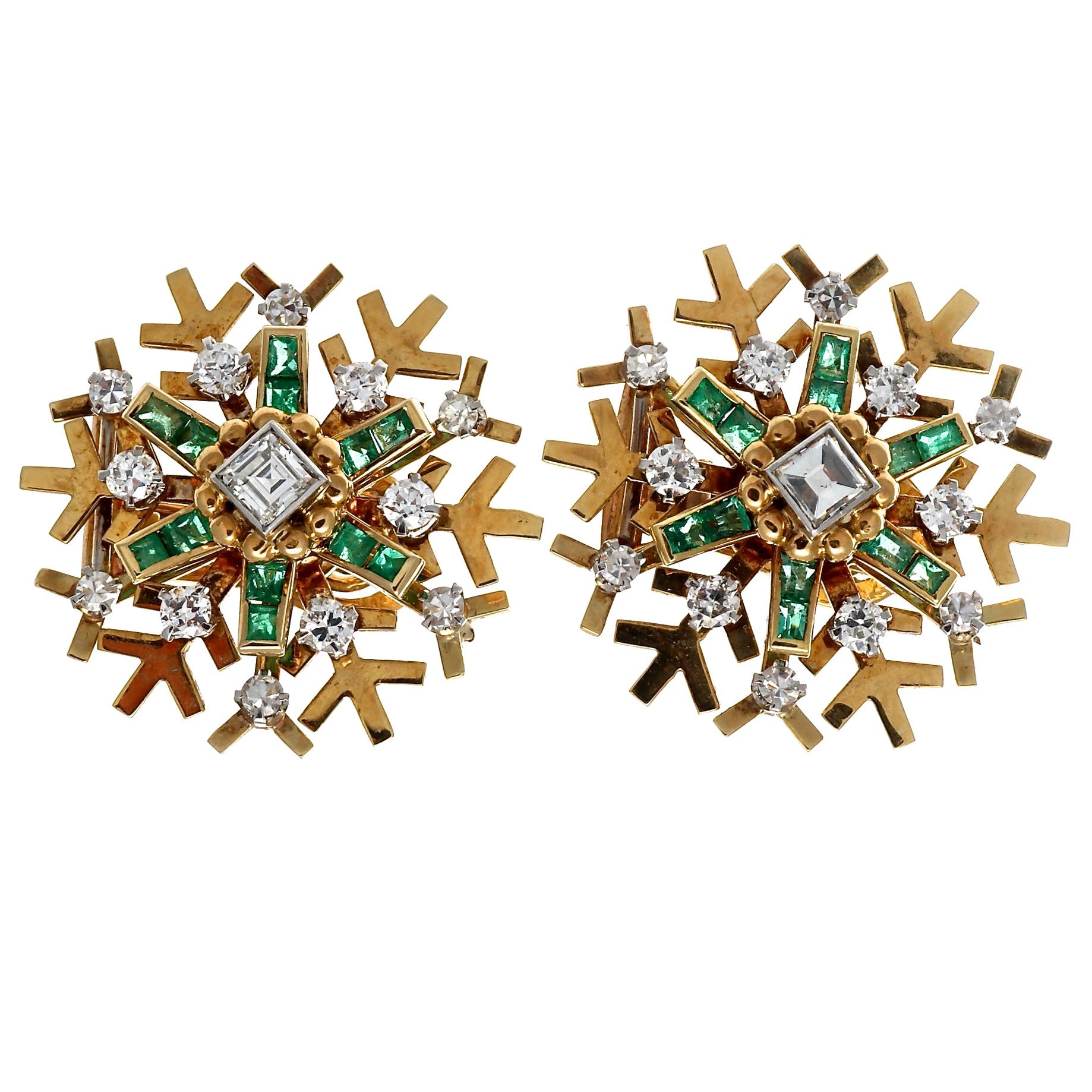 1960s French Snowflake Asscher Cut Diamond Emerald Gold Earrings
